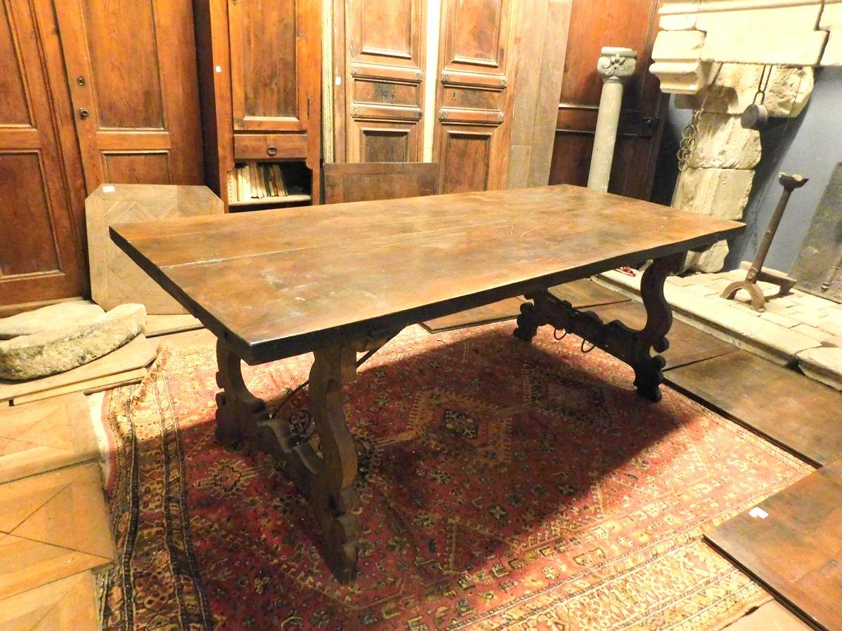 Hand-Carved Antique Refectory Table in Wood Walnut, Large, Wavy Legs, 18th Century, Spain
