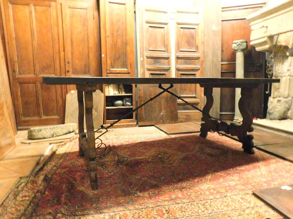18th Century and Earlier Antique Refectory Table in Wood Walnut, Large, Wavy Legs, 18th Century, Spain