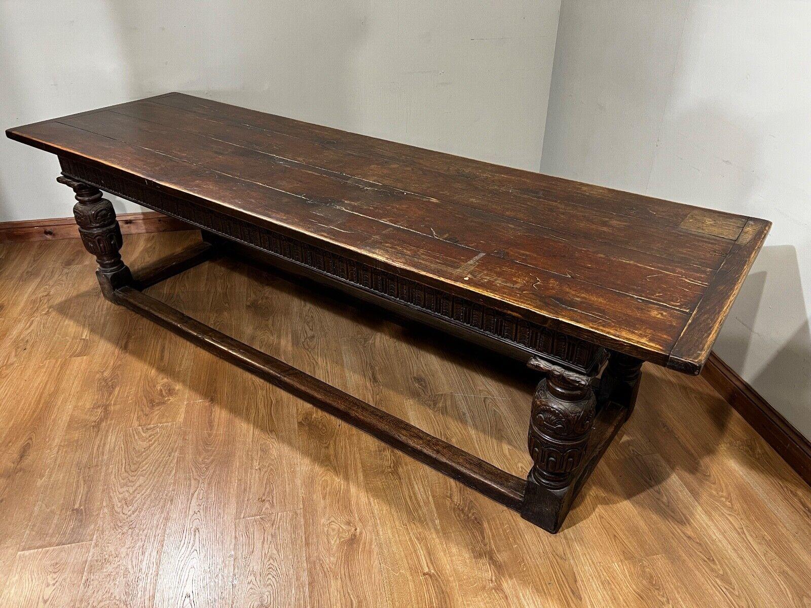 Wonderful antique oak plank top refectory table
Circa 18th century to this work of art
Features bulbous legs with intricate carving
There is further carving around the apron, really skilled crafting
We have various chairs to match so please get