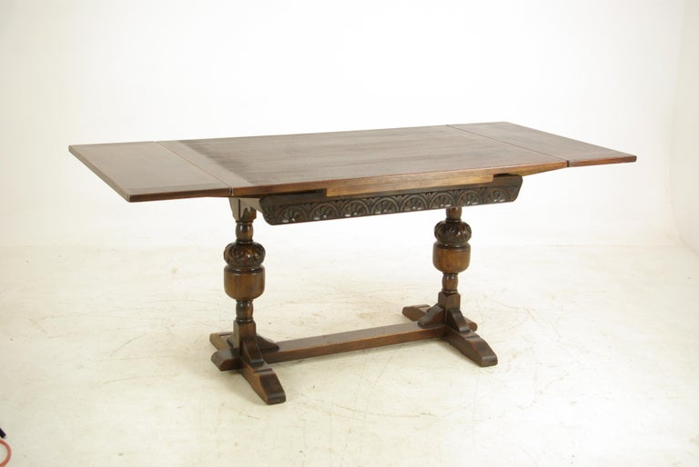 Antique Refectory Table, Solid Oak, Pull Out Leaves, Scotland, 1930