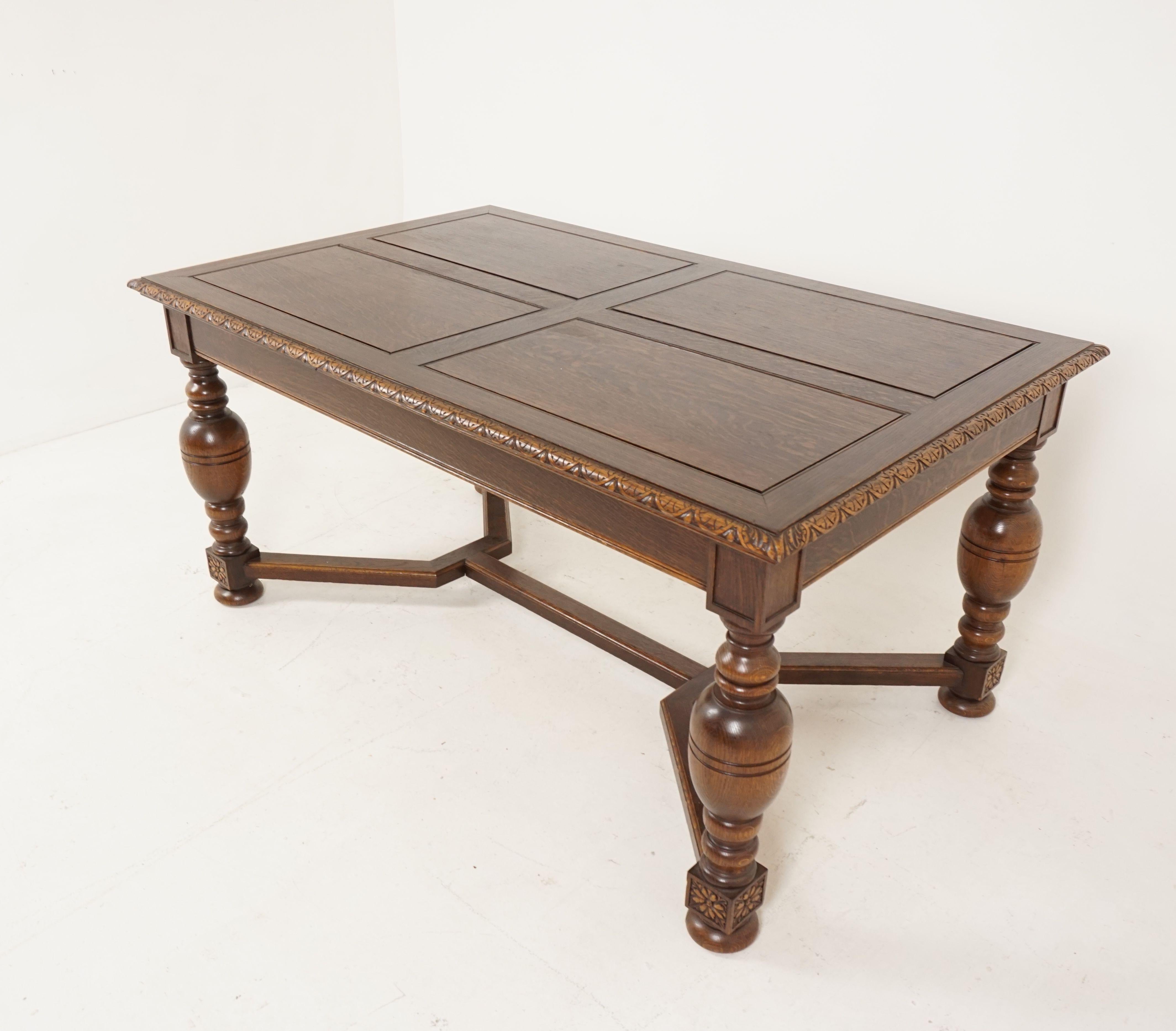 Antique refectory table, tiger oak, draw leaf table, dining table, Scotland 1930, B2498

Scotland 1930
Solid oak and veneers
Original finish
Four paneled tiger oak top with carved edge
Pair of draw leaves sit underneath the table
When they