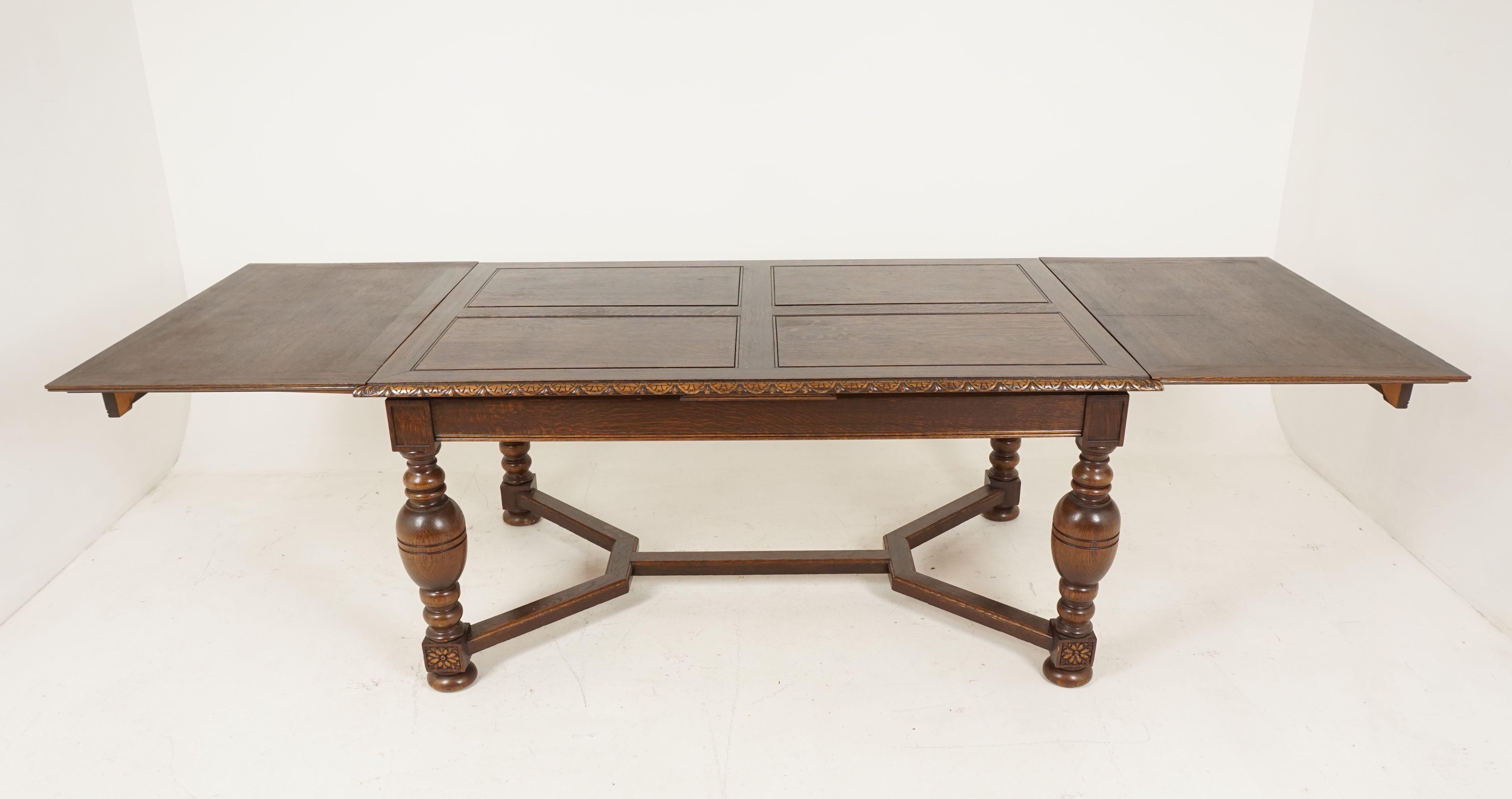 Antique Refectory Table, Tiger Oak, Draw Leaf Table, Dining Table, Scotland 1930 1