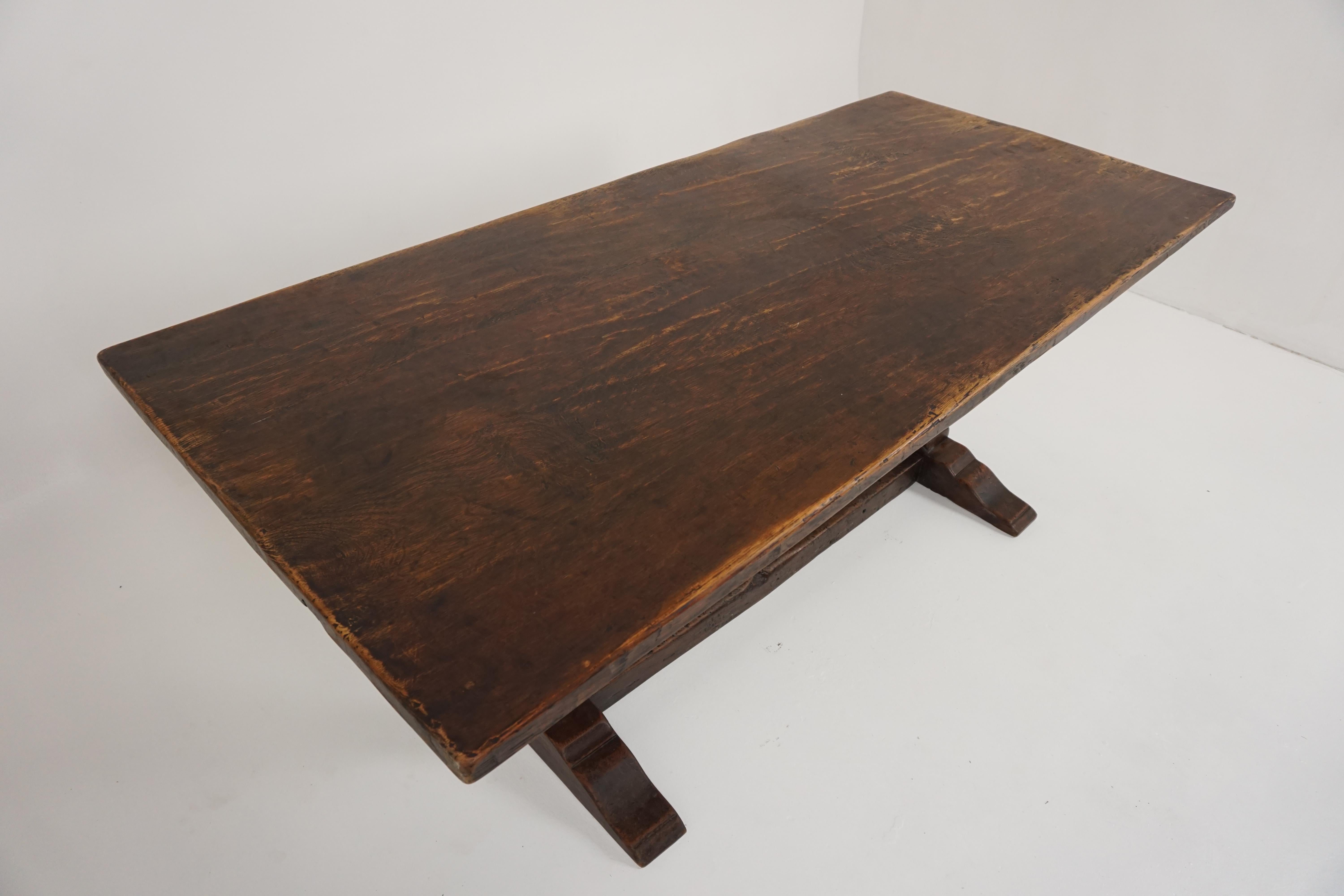 Antique refectory table, Victorian oak farmhouse dining table, Antique Furniture, Scotland, 1890, B1838

Scotland, 1890
Solid oak
Original finish
Solid 3 plan rectangular top
All supported by two large turned baluster supports with platform