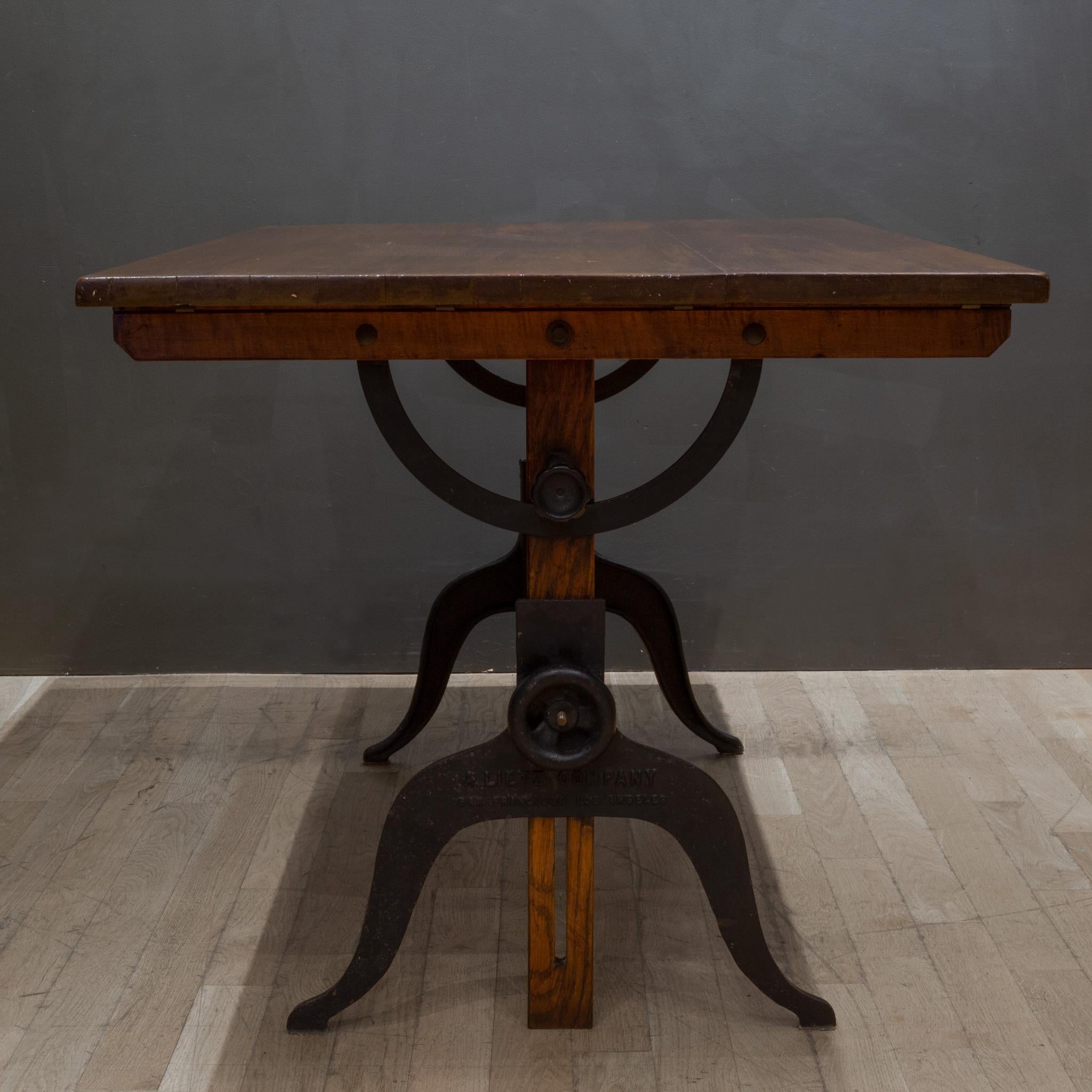 Antique Refinished A. Lietz Co. Wood and Cast Iron Drafting Table, circa 1930 In Good Condition In San Francisco, CA