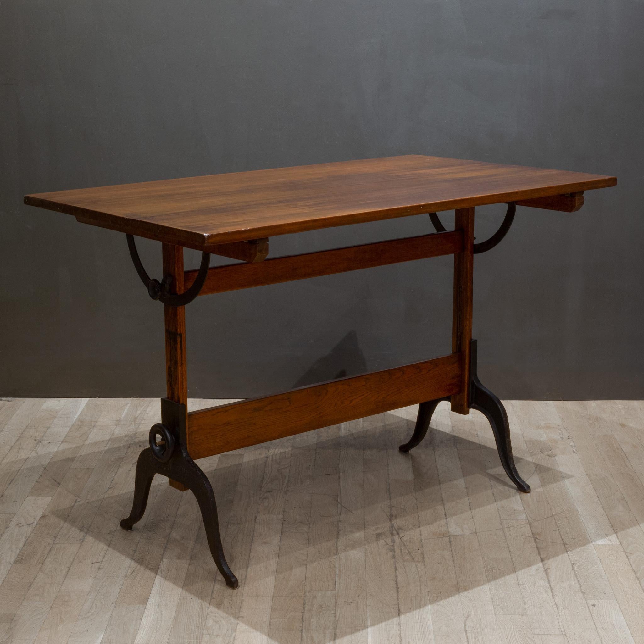 Steel Antique Refinished A. Lietz Co. Wood and Cast Iron Drafting Table, circa 1930
