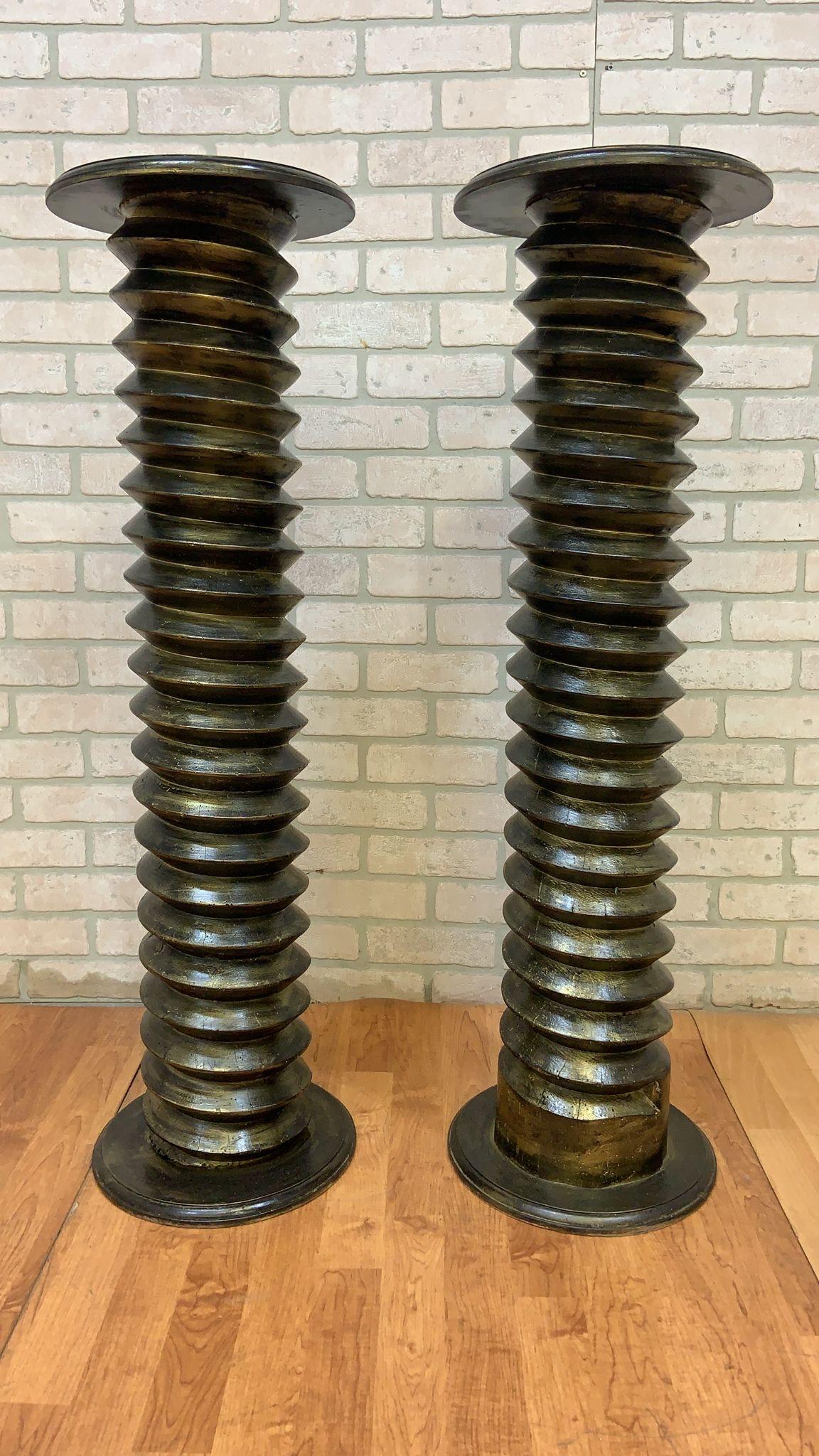 Hand-Carved Antique Refinished Gilded Solid Oak French Wine Press Screw Pedestals - Pair For Sale
