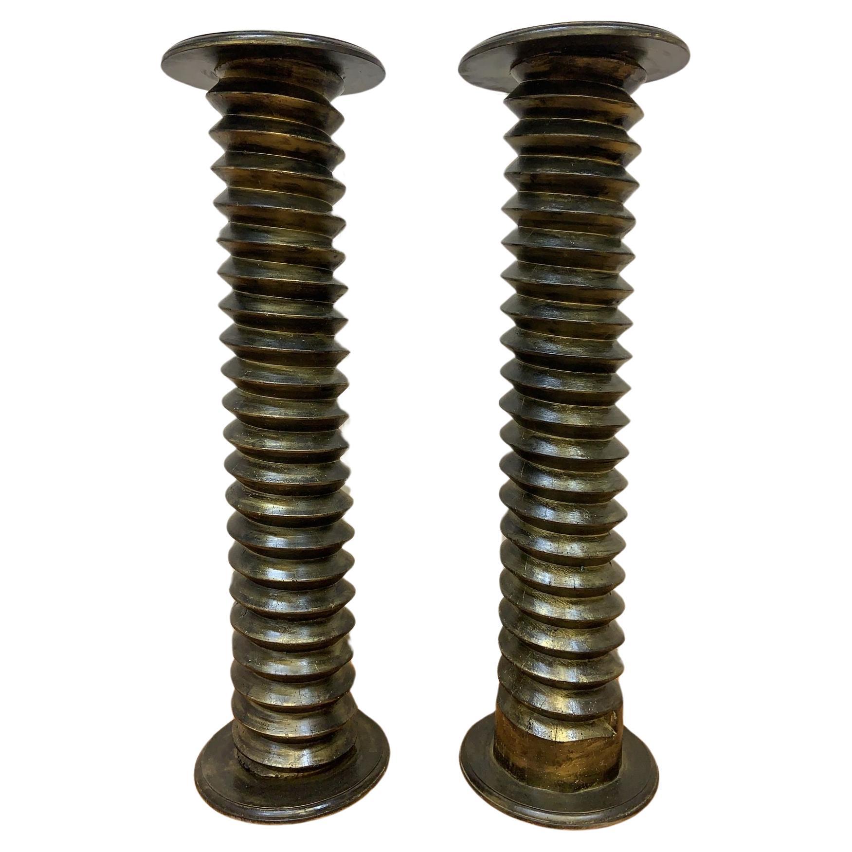 Antique Refinished Gilded Solid Oak French Wine Press Screw Pedestals - Pair For Sale