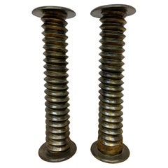 Used Refinished Gilded Solid Oak French Wine Press Screw Pedestals - Pair