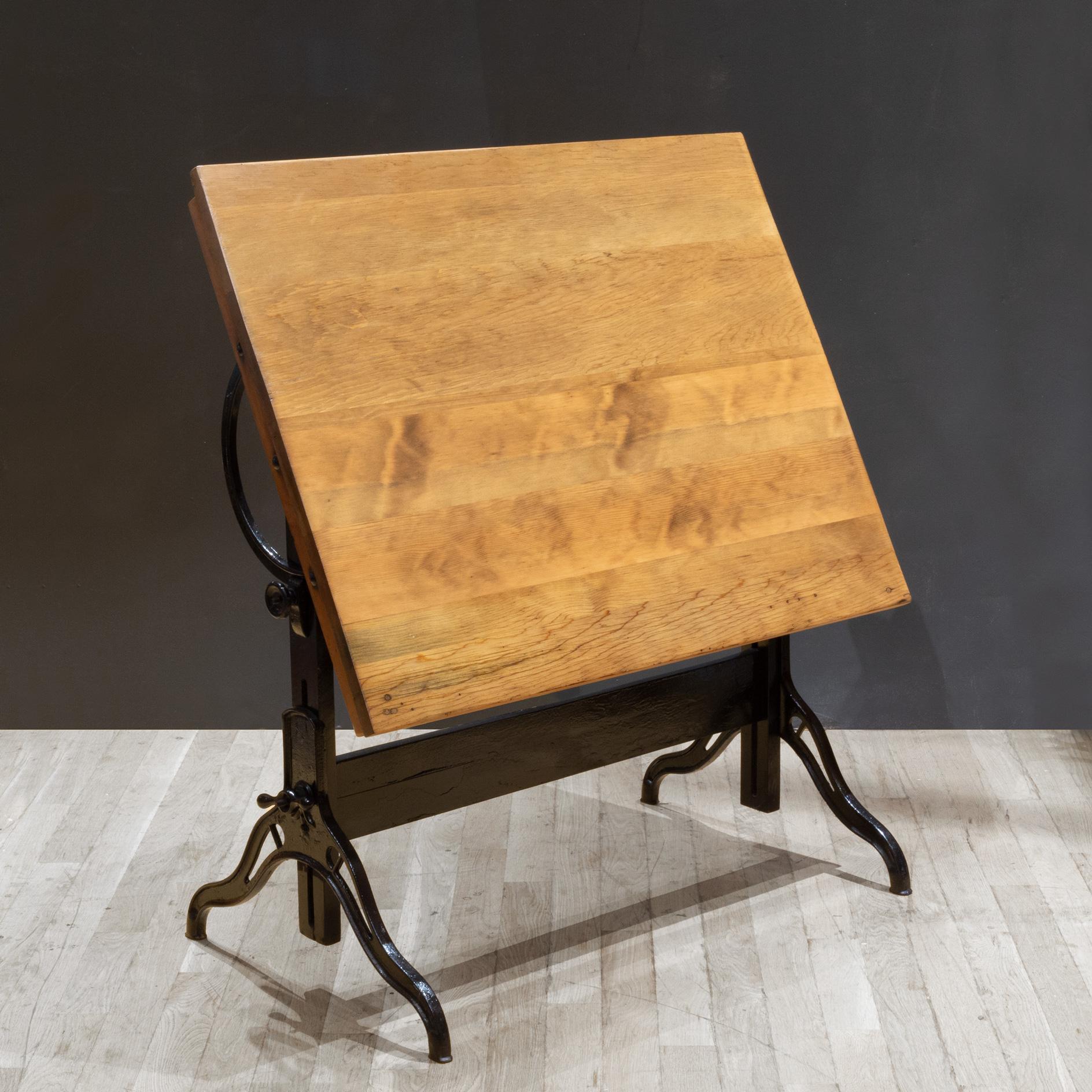 Industrial Antique Refinished Wood and Cast Iron Drafting Table c.1930
