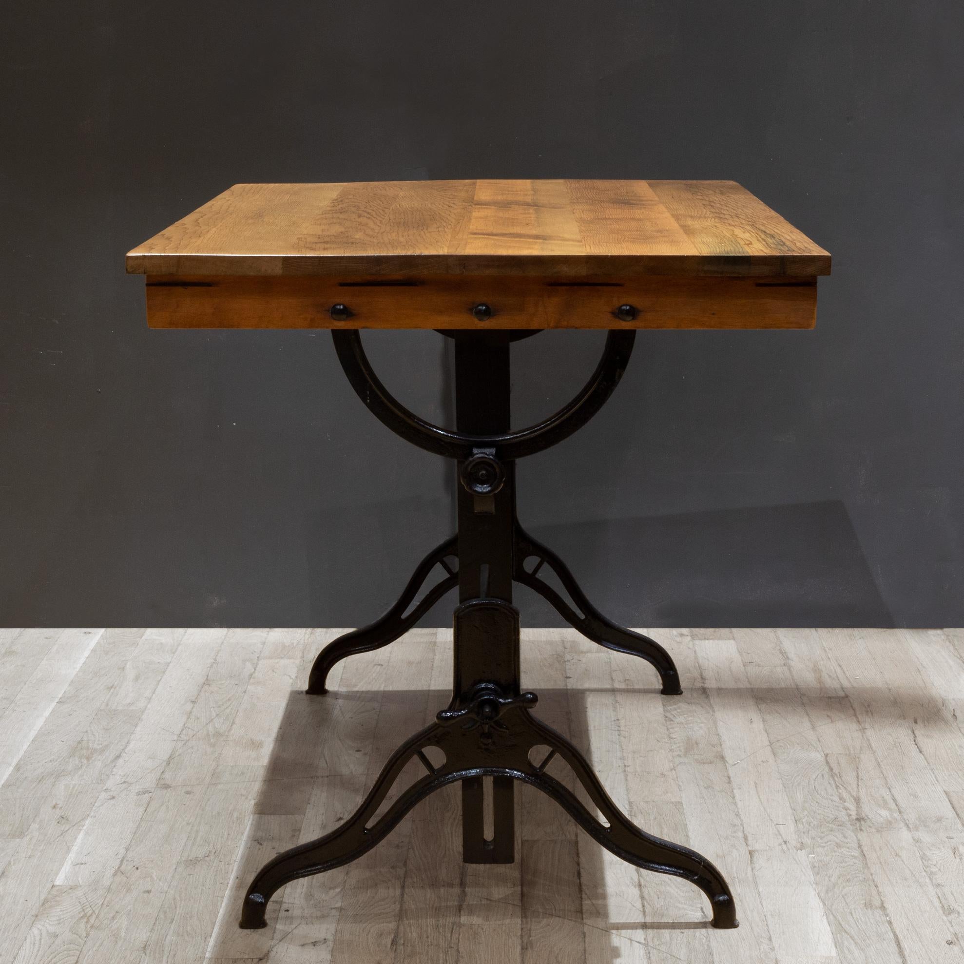 American Antique Refinished Wood and Cast Iron Drafting Table c.1930