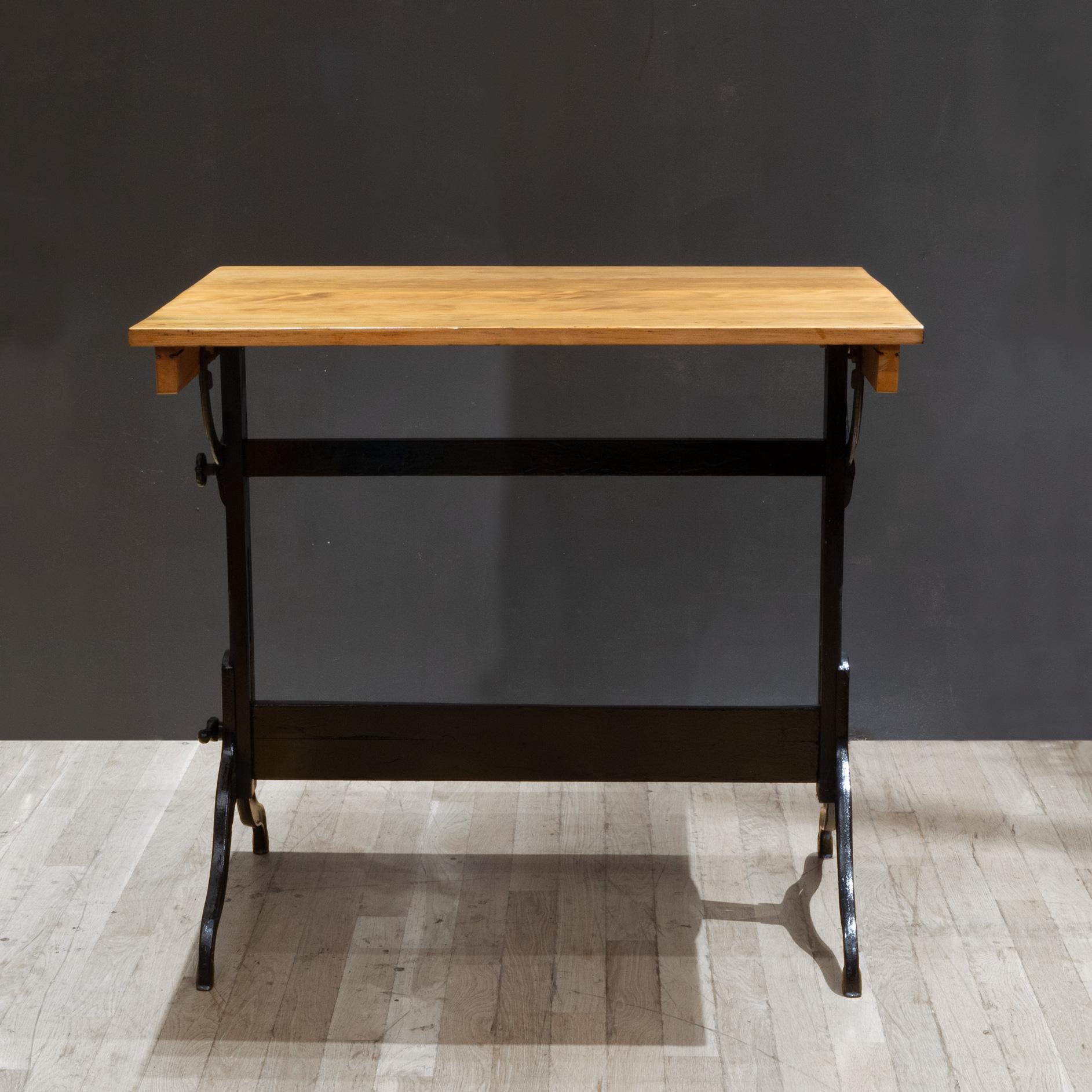 20th Century Antique Refinished Wood and Cast Iron Drafting Table c.1930