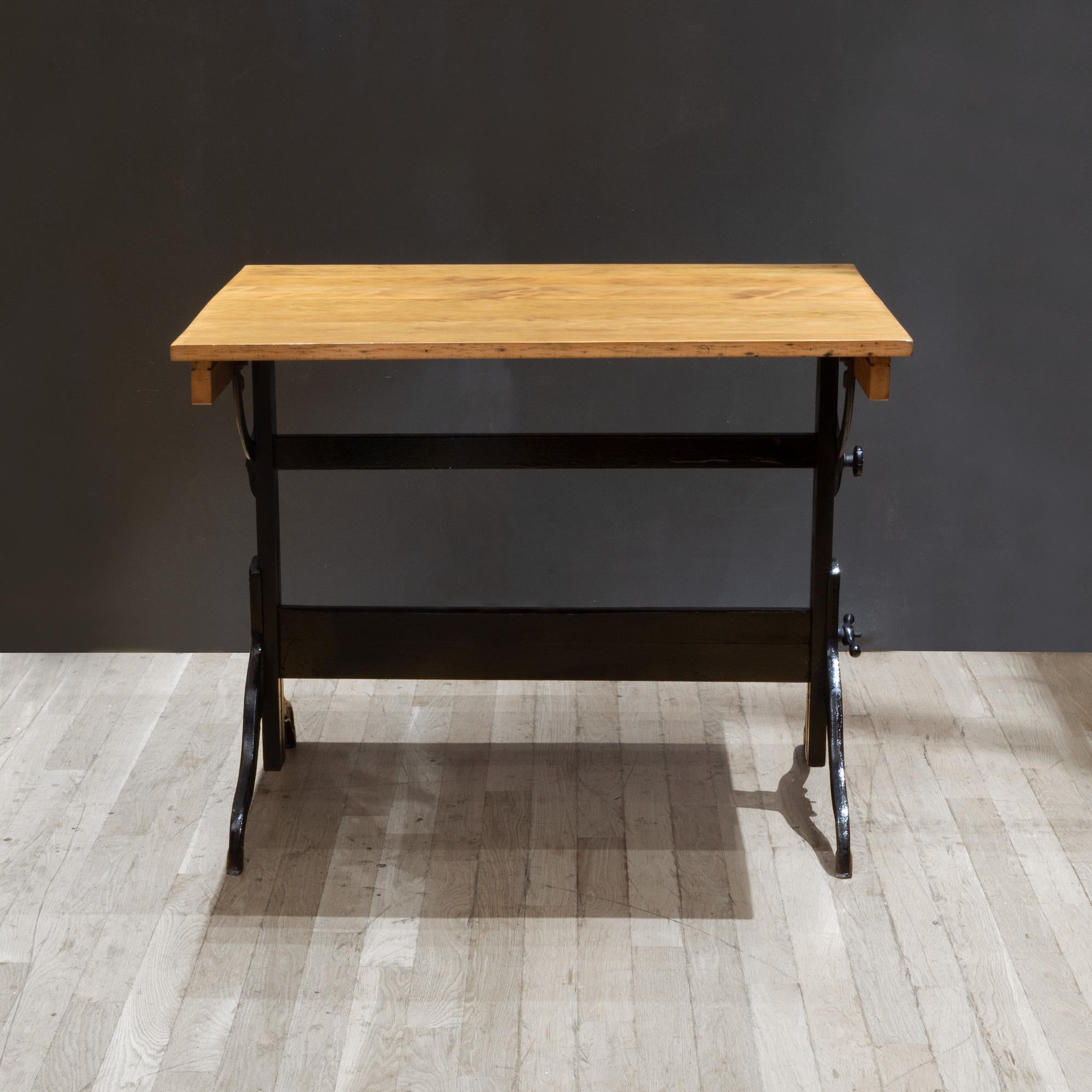 Steel Antique Refinished Wood and Cast Iron Drafting Table c.1930