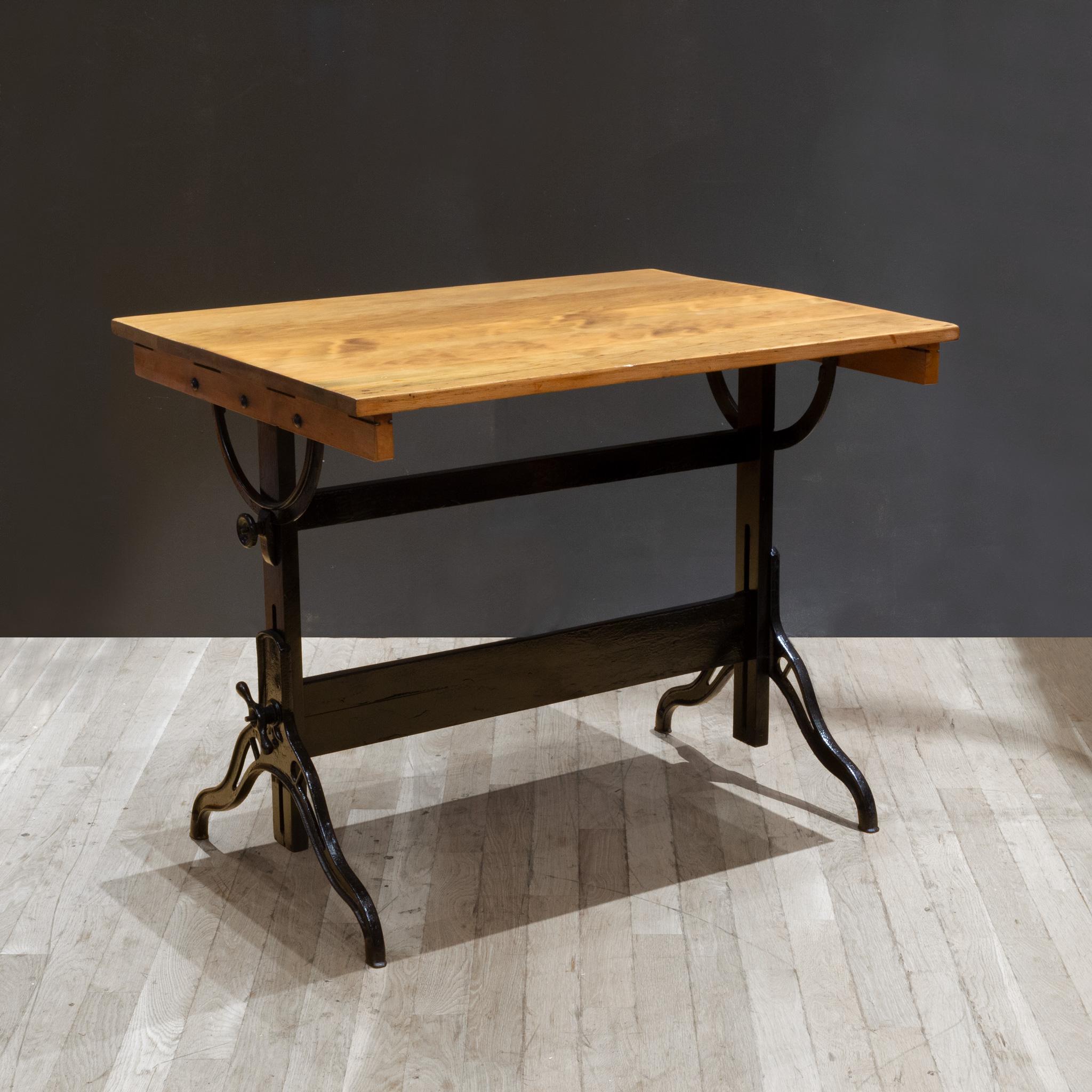 Antique Refinished Wood and Cast Iron Drafting Table c.1930 2