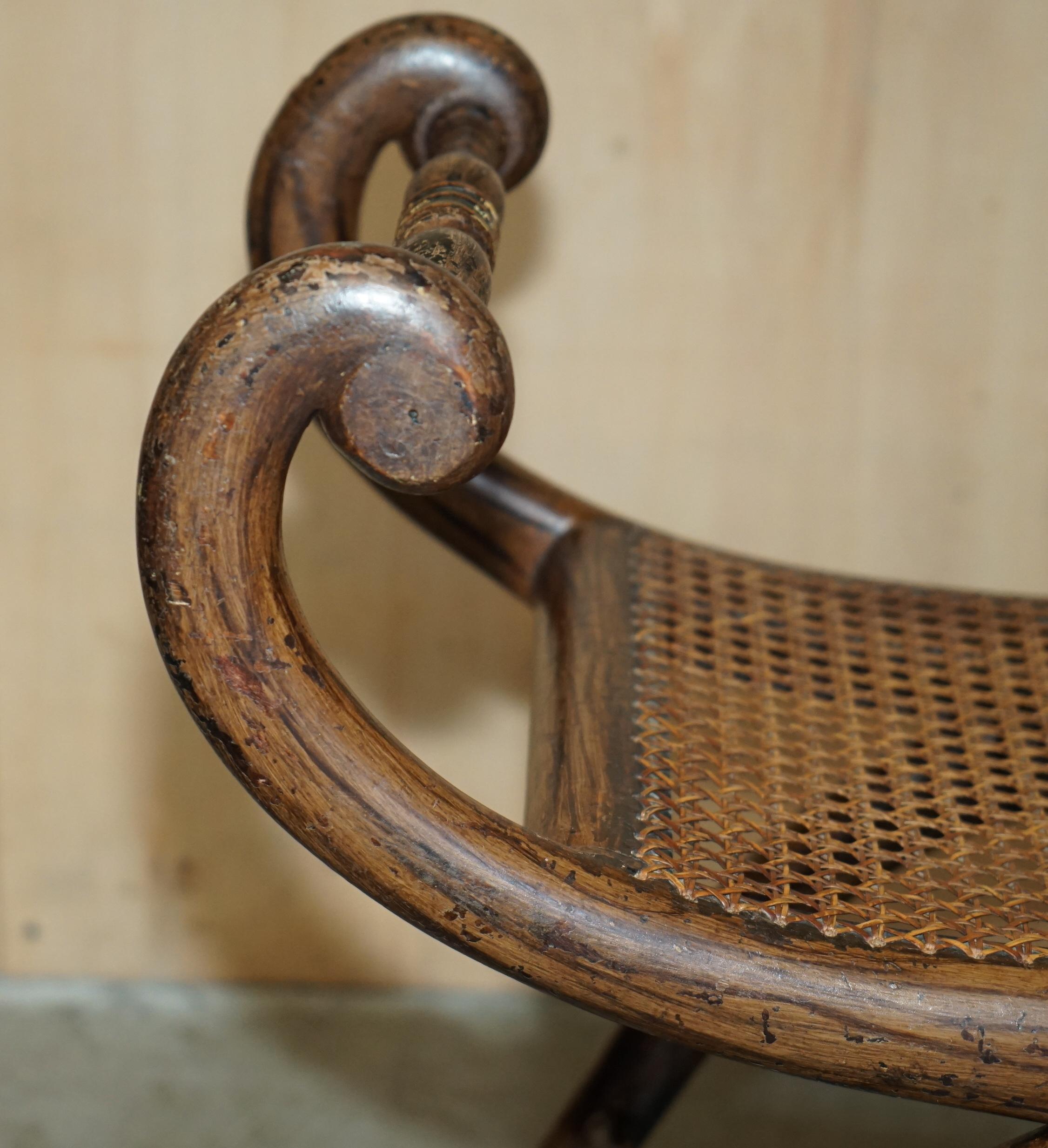 ANTIQUE REGENCY 1810 GRAINED HARDWOOD EBONIZED PARCEL-GILT & CANED WiNDOW BENCH 2