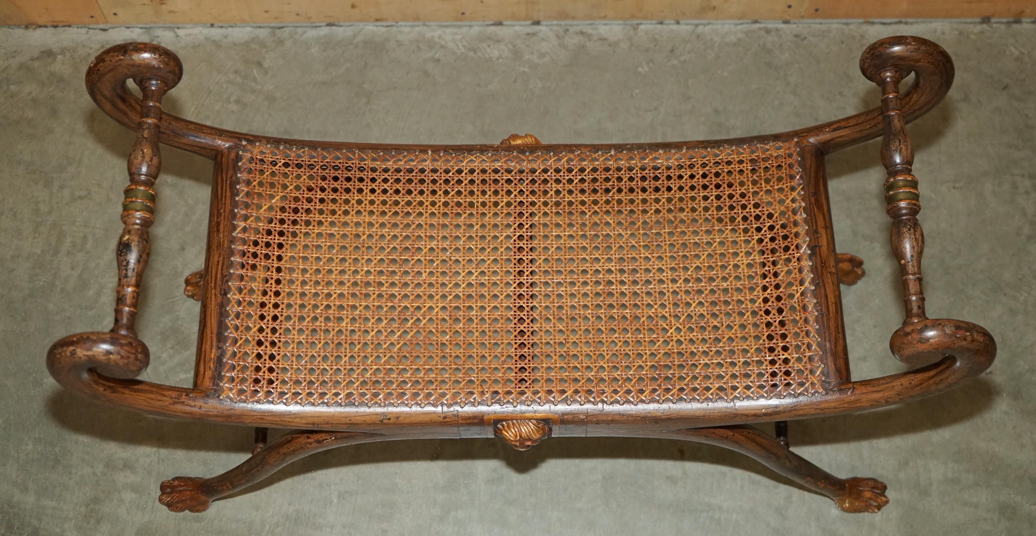 ANTIQUE REGENCY 1810 GRAINED HARDWOOD EBONIZED PARCEL-GILT & CANED WiNDOW BENCH 3