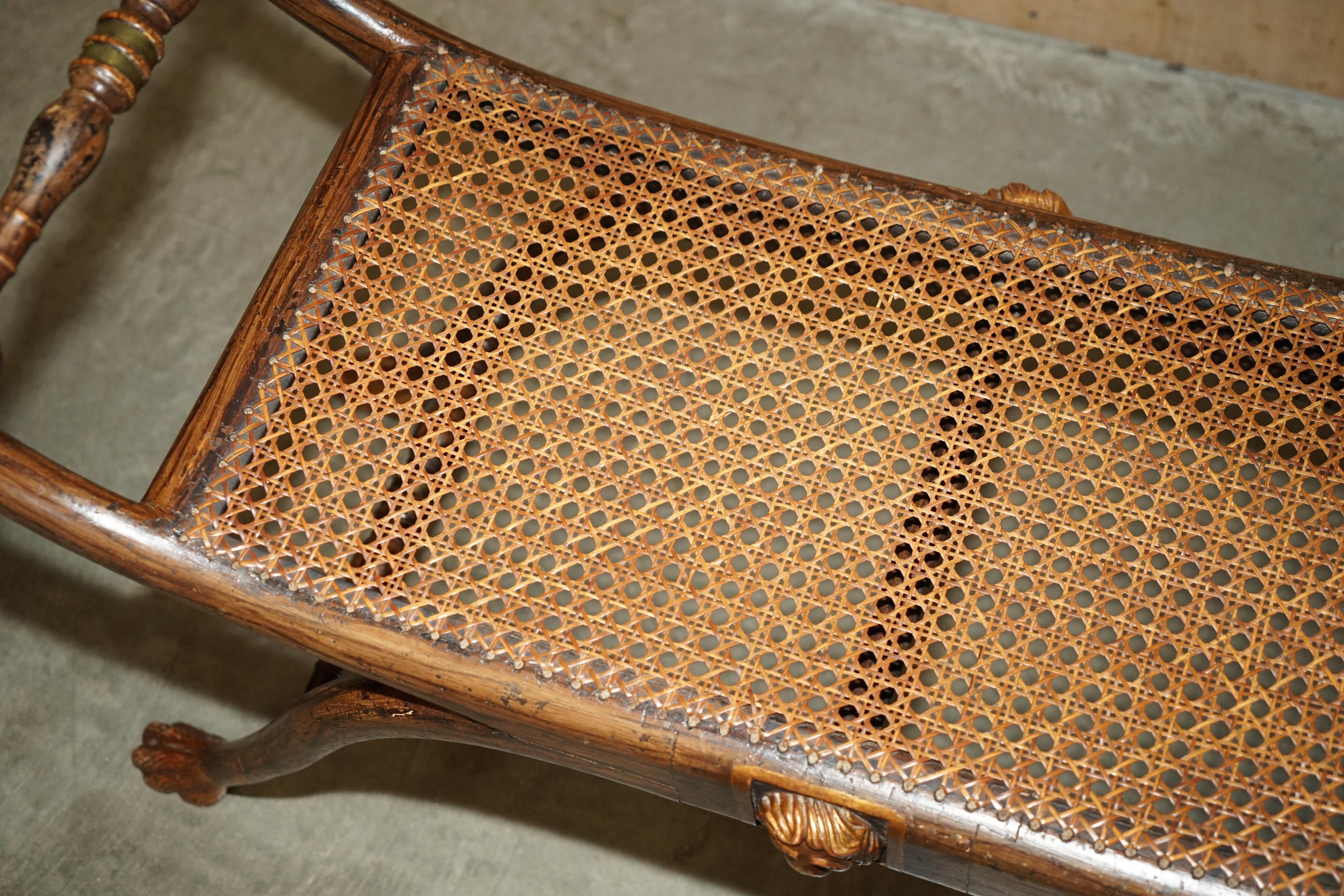 ANTIQUE REGENCY 1810 GRAINED HARDWOOD EBONIZED PARCEL-GILT & CANED WiNDOW BENCH 4