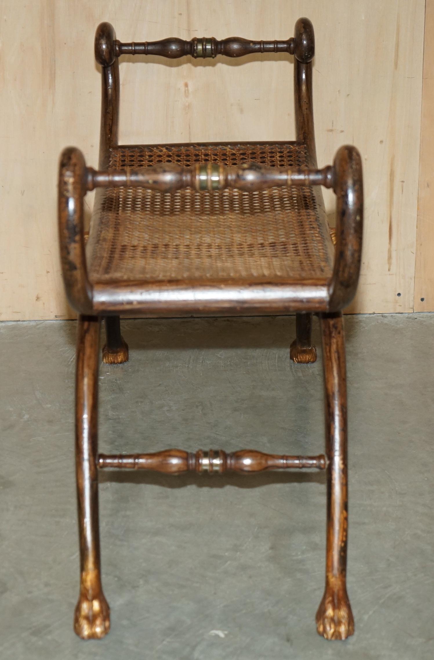ANTIQUE REGENCY 1810 GRAINED HARDWOOD EBONIZED PARCEL-GILT & CANED WiNDOW BENCH 5