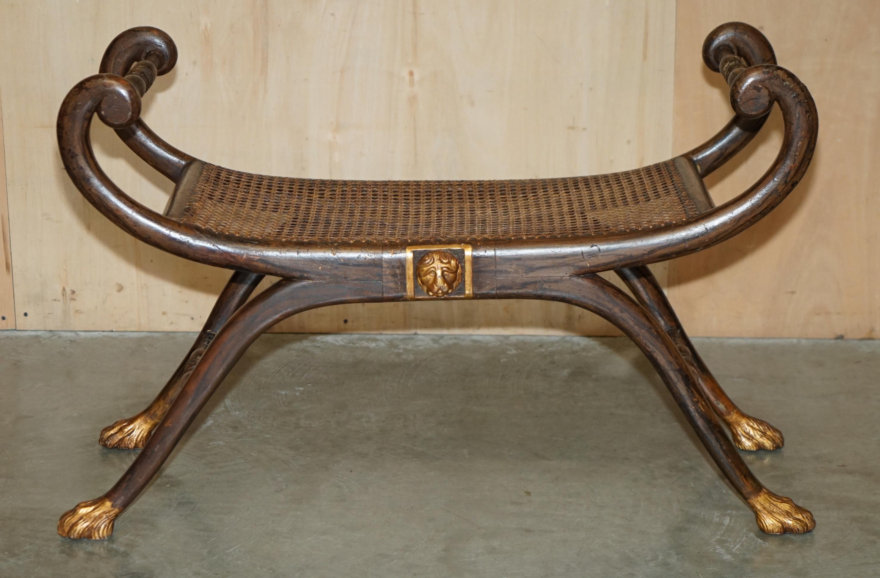 ANTIQUE REGENCY 1810 GRAINED HARDWOOD EBONIZED PARCEL-GILT & CANED WiNDOW BENCH 9