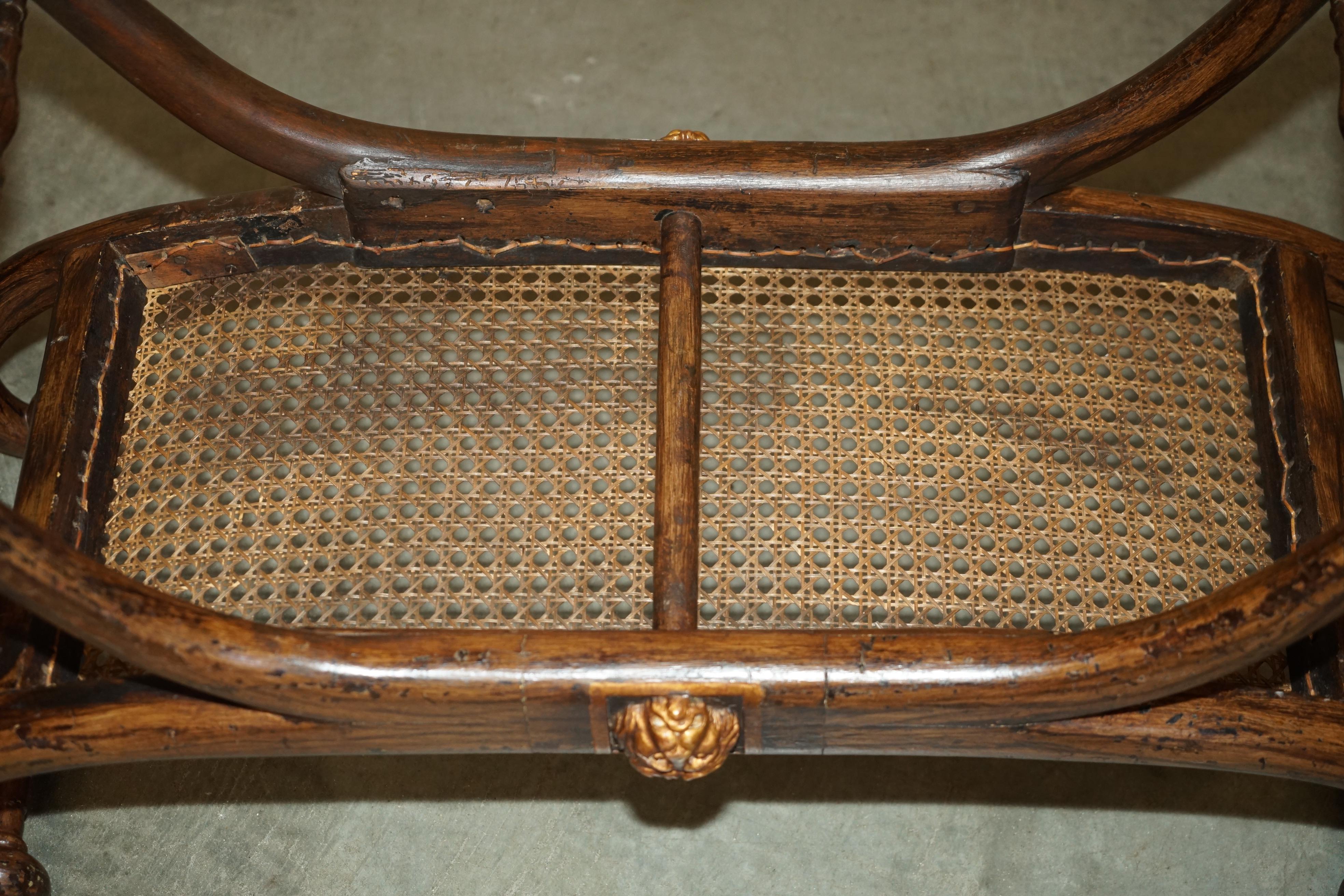 ANTIQUE REGENCY 1810 GRAINED HARDWOOD EBONIZED PARCEL-GILT & CANED WiNDOW BENCH 11