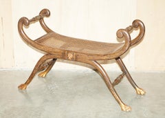 ANTIQUE REGENCY 1810 GRAINED HARDWOOD EBONIZED PARCEL-GILT & CANED WiNDOW BENCH