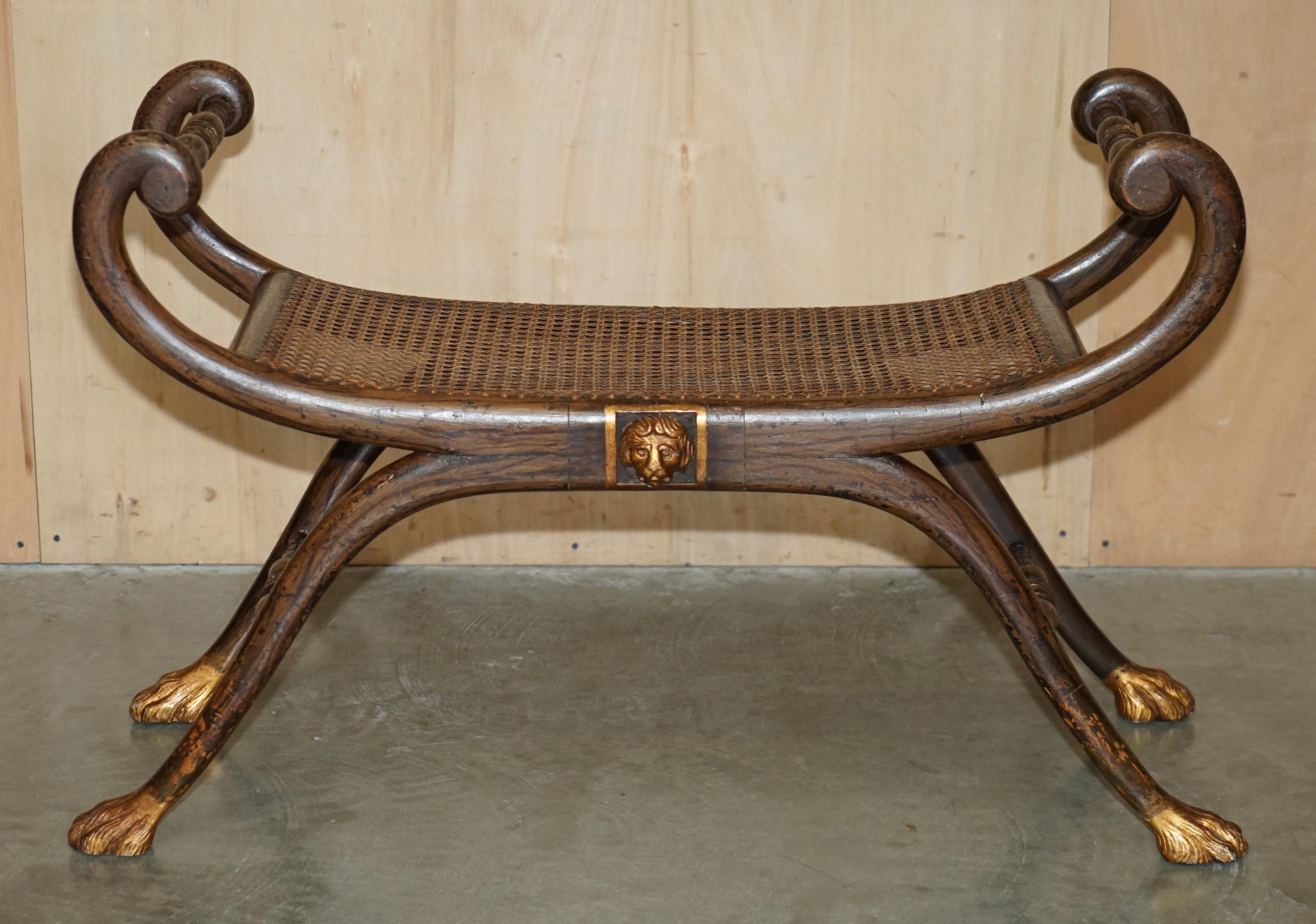 Regency ANTIQUE REGENCY 1810 GRAINED HARDWOOD EBONIZED PARCEL-GILT & CANED WiNDOW BENCH