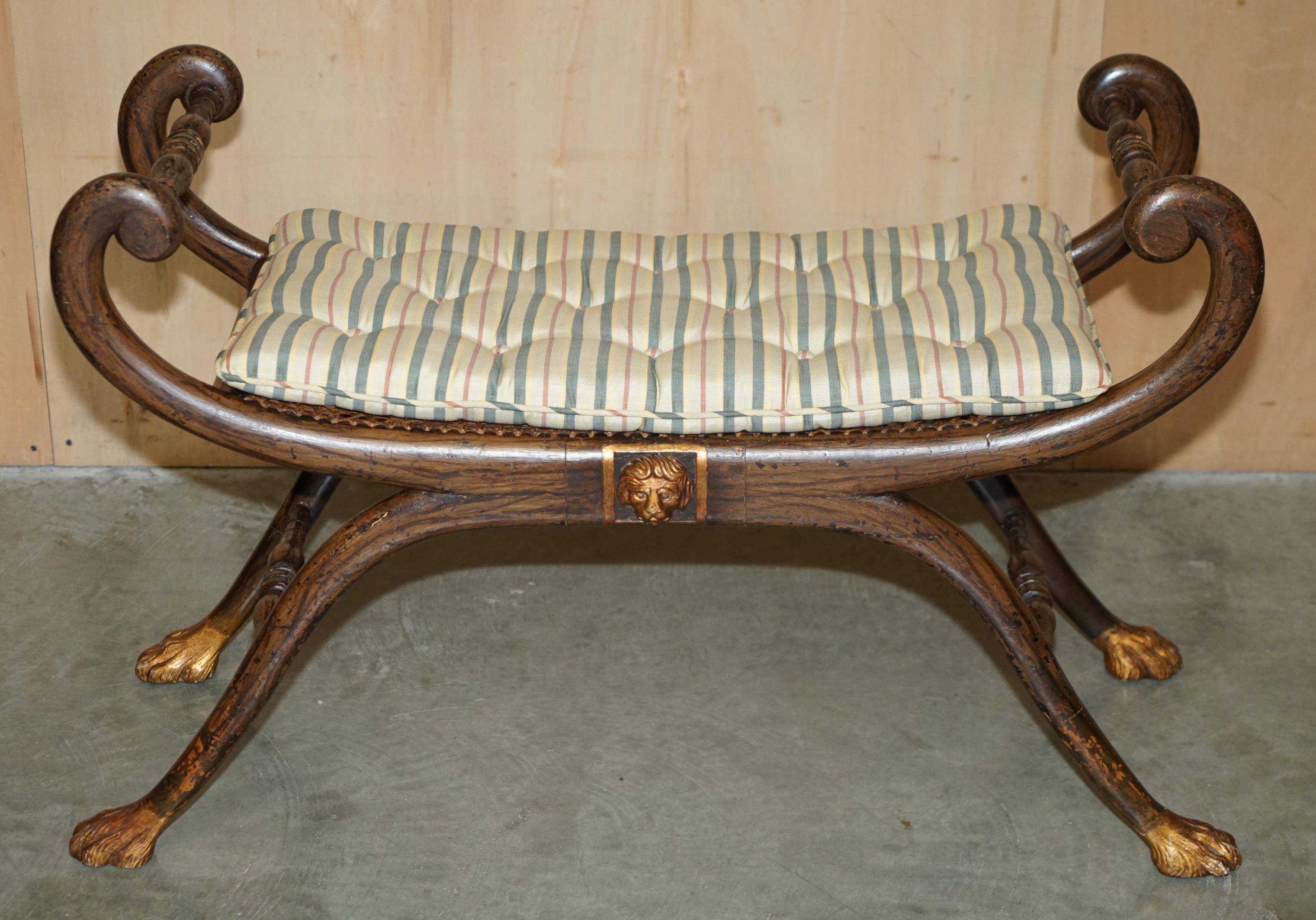 European ANTIQUE REGENCY 1810 GRAINED HARDWOOD EBONIZED PARCEL-GILT & CANED WiNDOW BENCH