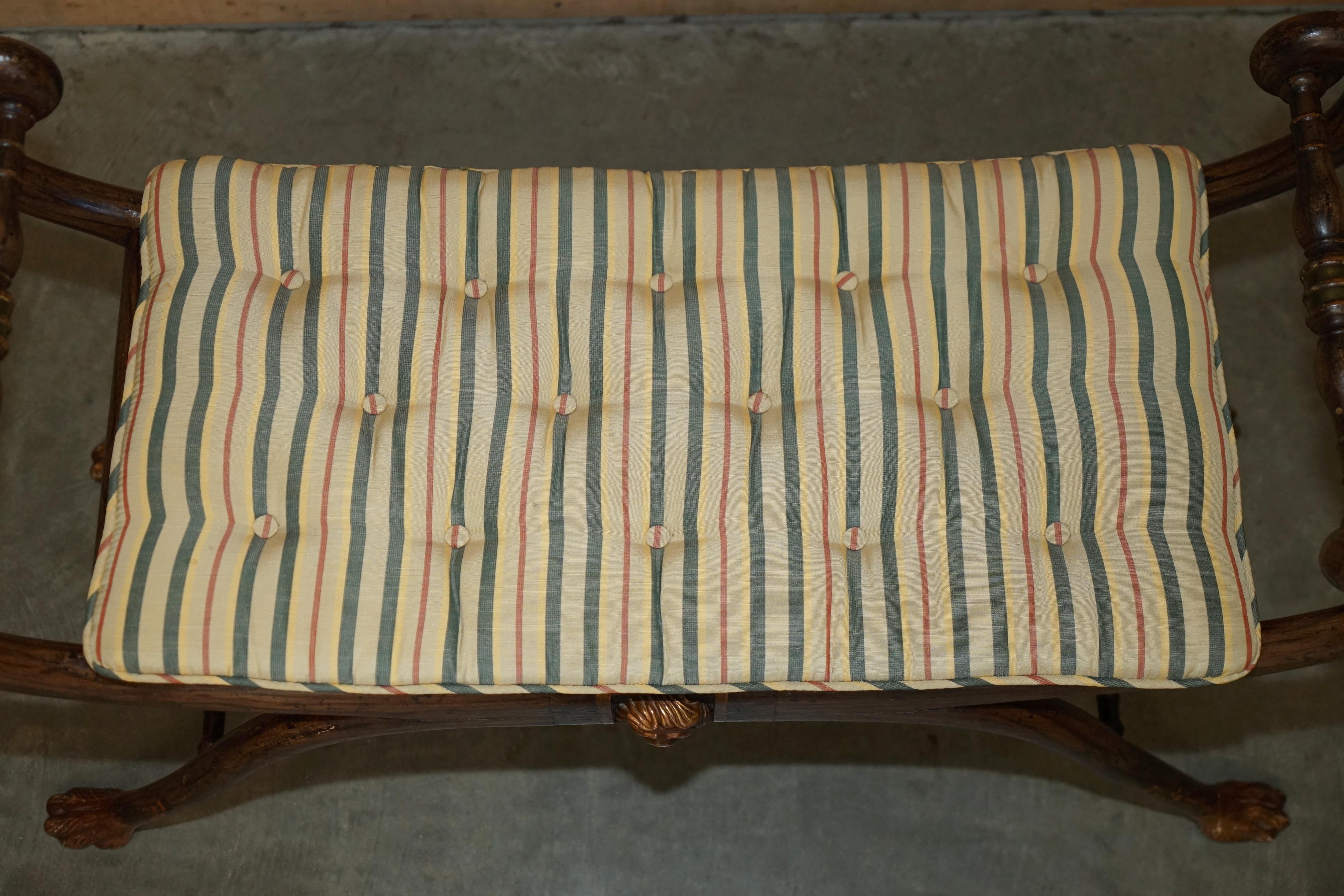 Hand-Crafted ANTIQUE REGENCY 1810 GRAINED HARDWOOD EBONIZED PARCEL-GILT & CANED WiNDOW BENCH