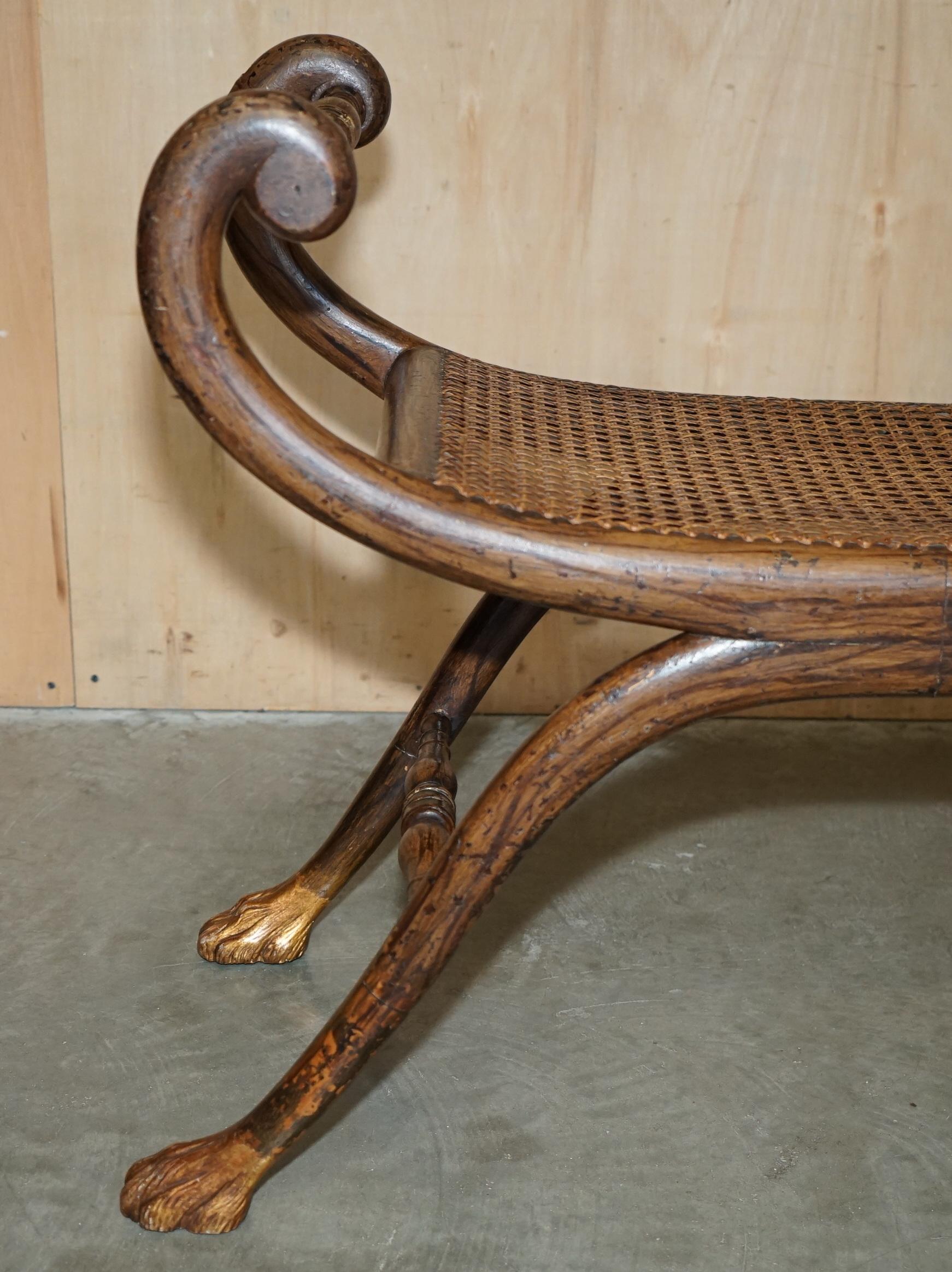 Early 19th Century ANTIQUE REGENCY 1810 GRAINED HARDWOOD EBONIZED PARCEL-GILT & CANED WiNDOW BENCH
