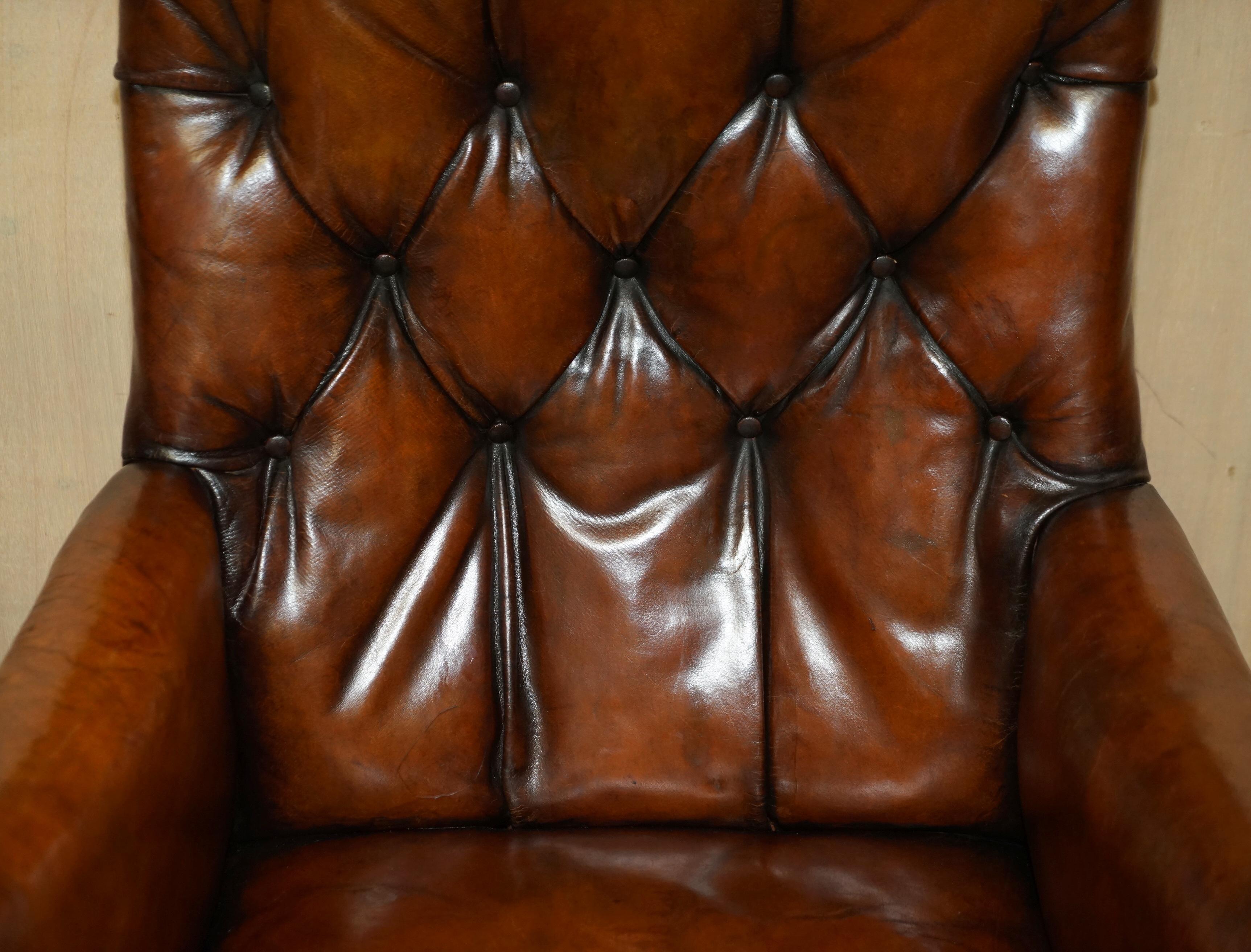 English Antique Regency 1810 Restored Brown Leather Chesterfield Armchair Reading Slope For Sale
