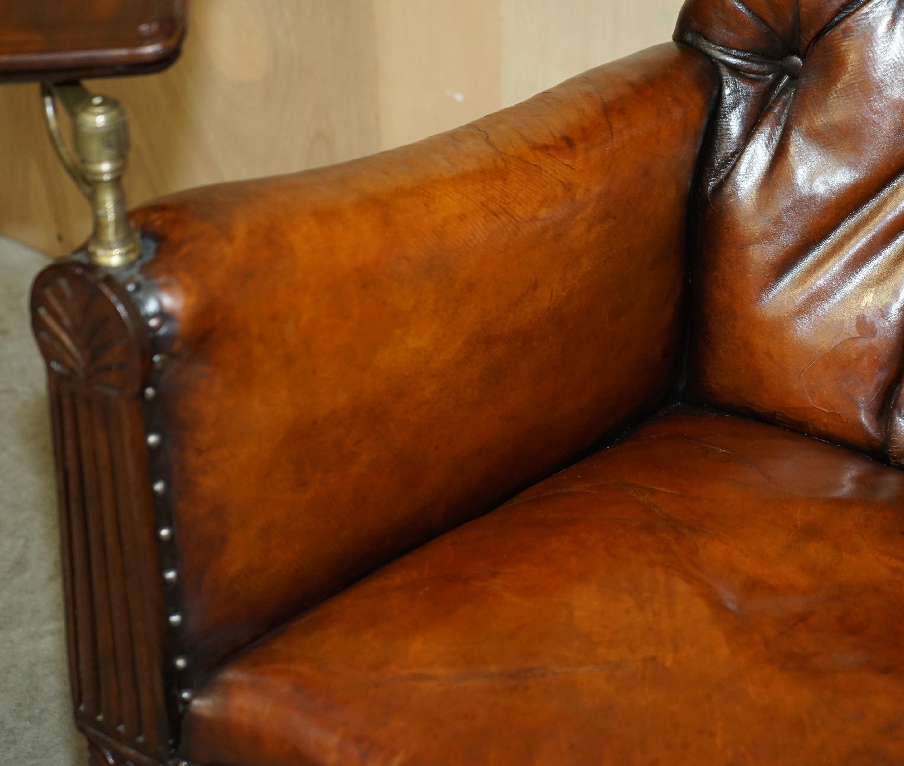 Hand-Crafted Antique Regency 1810 Restored Brown Leather Chesterfield Armchair Reading Slope For Sale