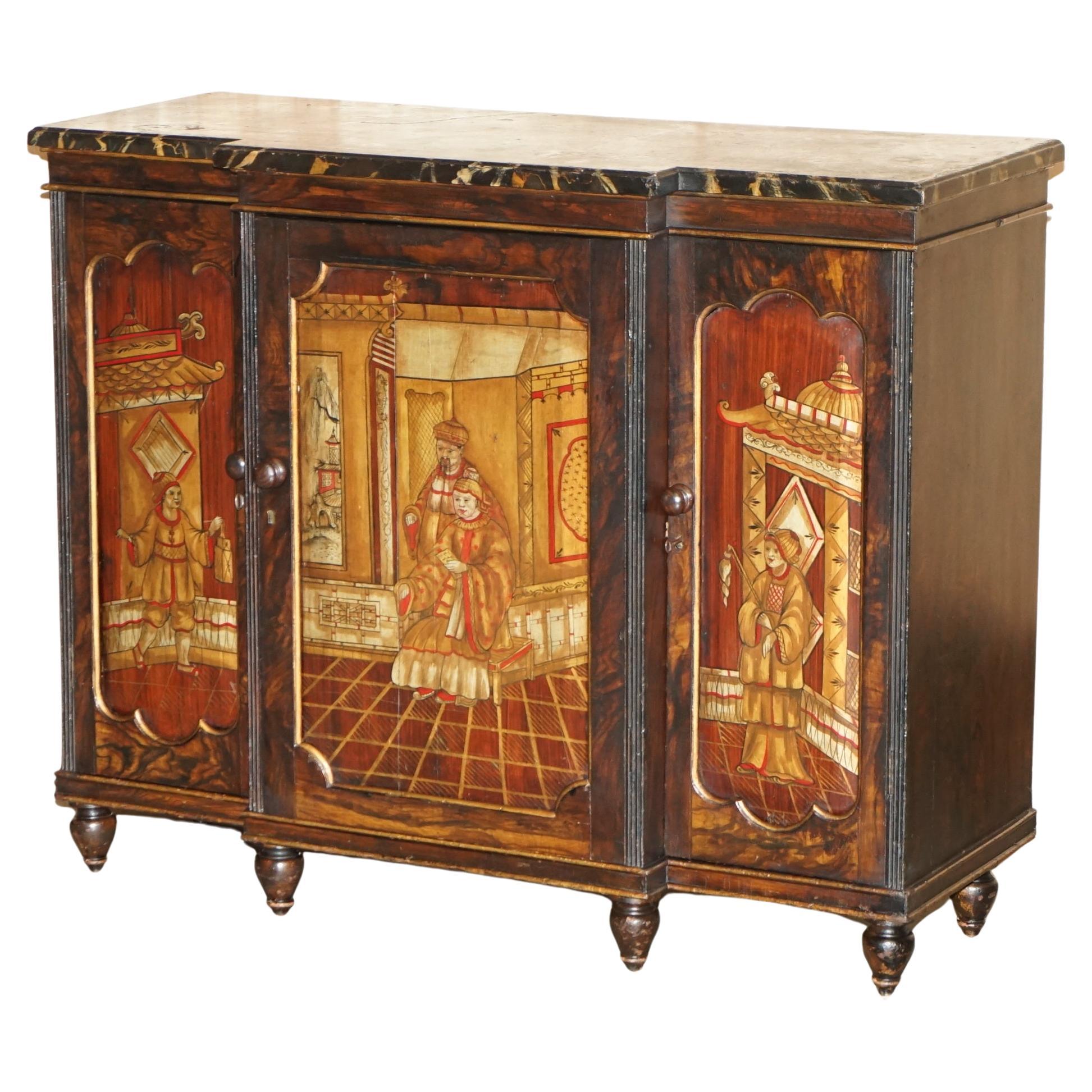 ANTIQUE REGENCY 1810 SIMULATED HARDWOOD CHINESE CHINOISERIE BREAKFRONT SiDEBOARD