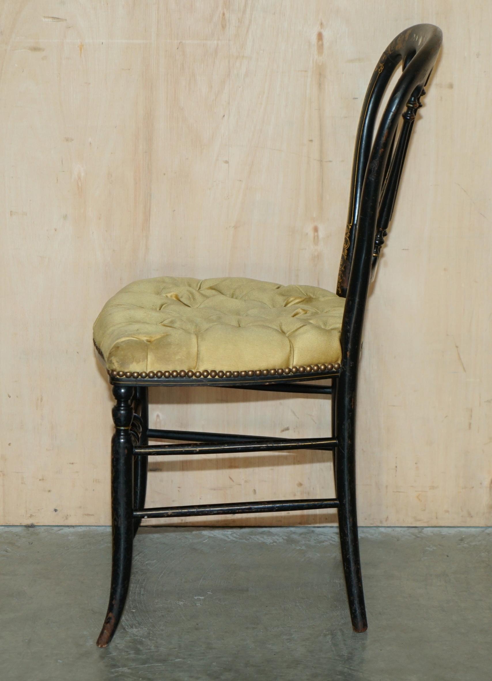 ANTIQUE REGENCY 1815 EBONiSED MOTHER OF PEARL SILK CHESTERFIELD SEAT SIDE CHAIR For Sale 12