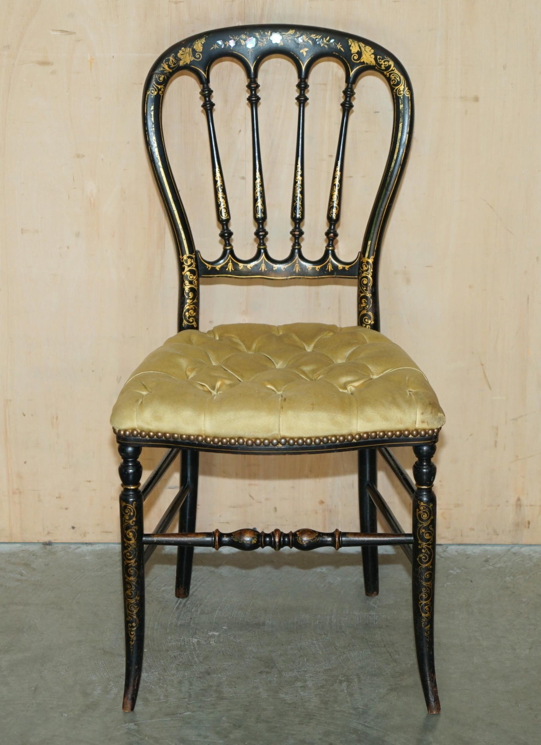 Regency ANTIQUE REGENCY 1815 EBONiSED MOTHER OF PEARL SILK CHESTERFIELD SEAT SIDE CHAIR For Sale