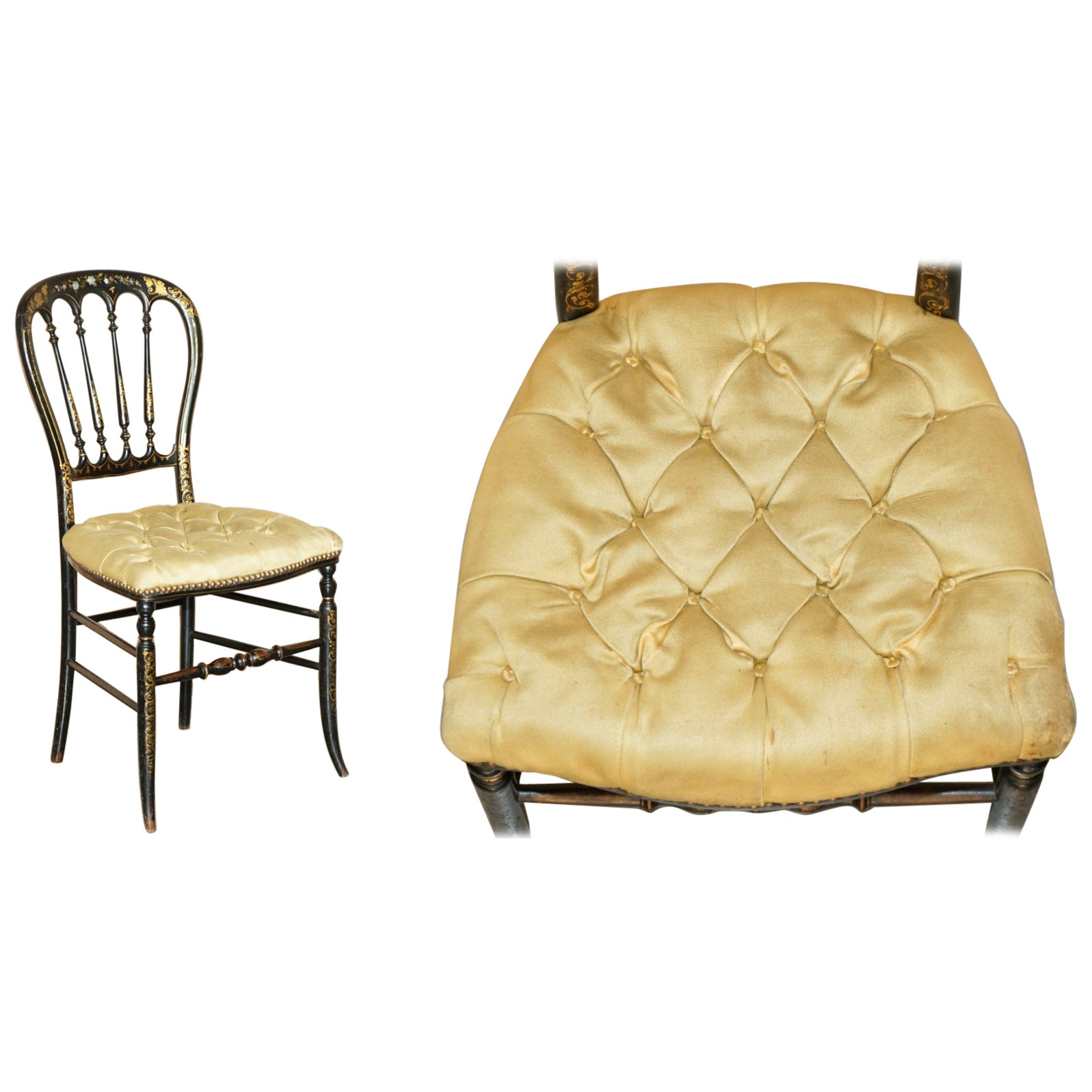 ANTIGUO SILLON REGENCY 1815 EBONiSED MOTHER OF PEARL SILK CHESTERFIELD SEAT SIDE CHAIR en venta