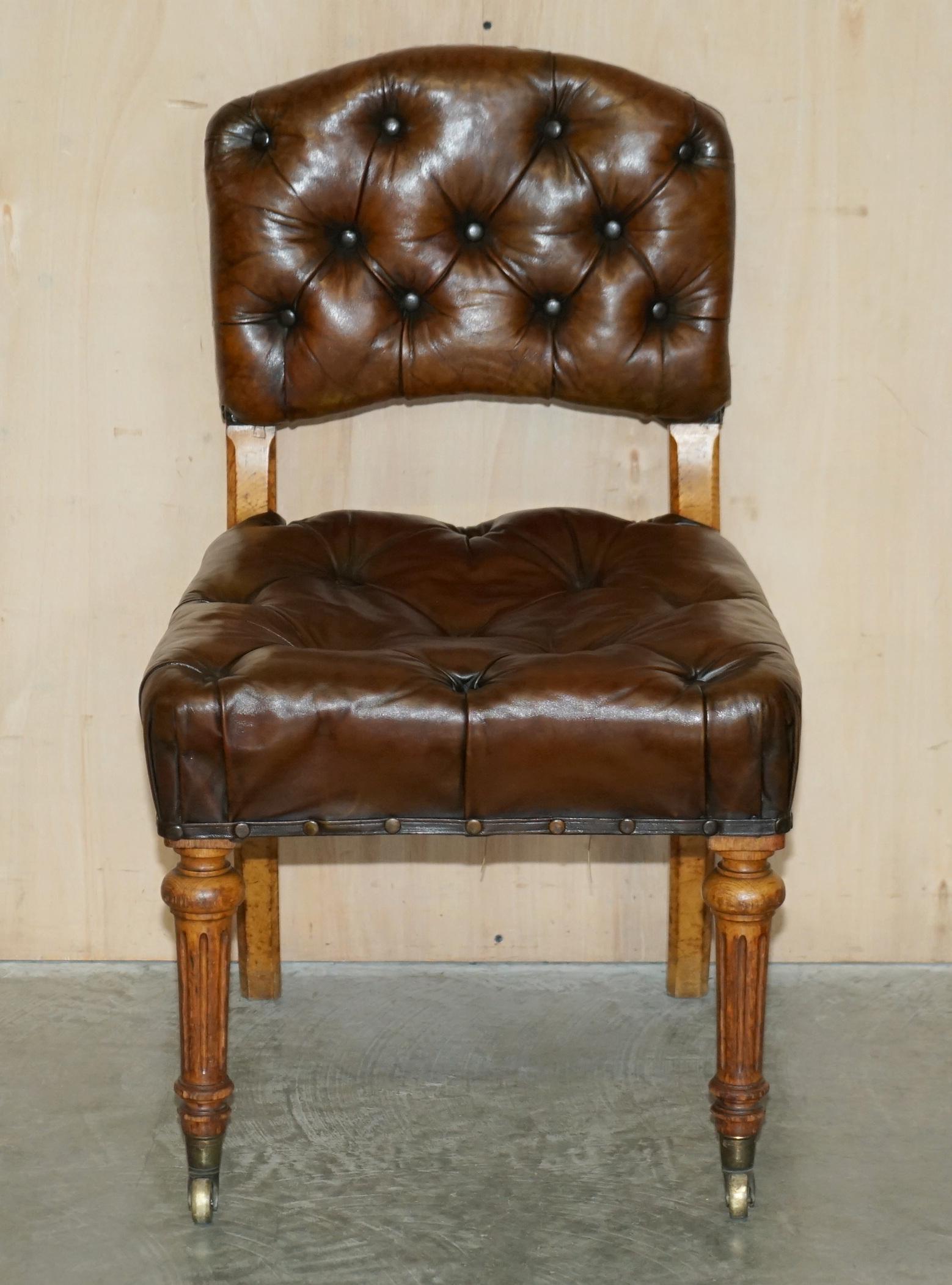 We are delighted to offer for sale this very rare fully restored Victorian Chesterfield brown leather office desk chair with Pollard oak frame and original horse hair padding.

This is a very important and substantial chair, it has been fully