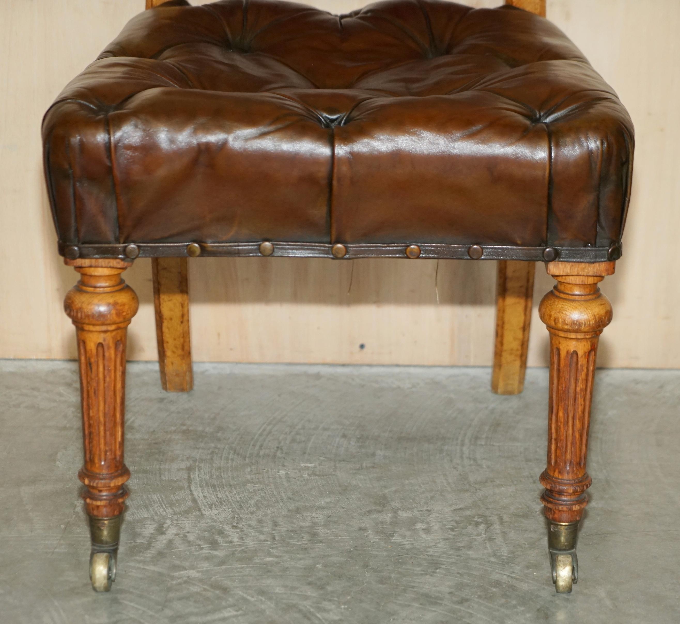 English Antique Regency 1820 Brown Leather Pollard Oak Chesterfield Office Desk Chair For Sale