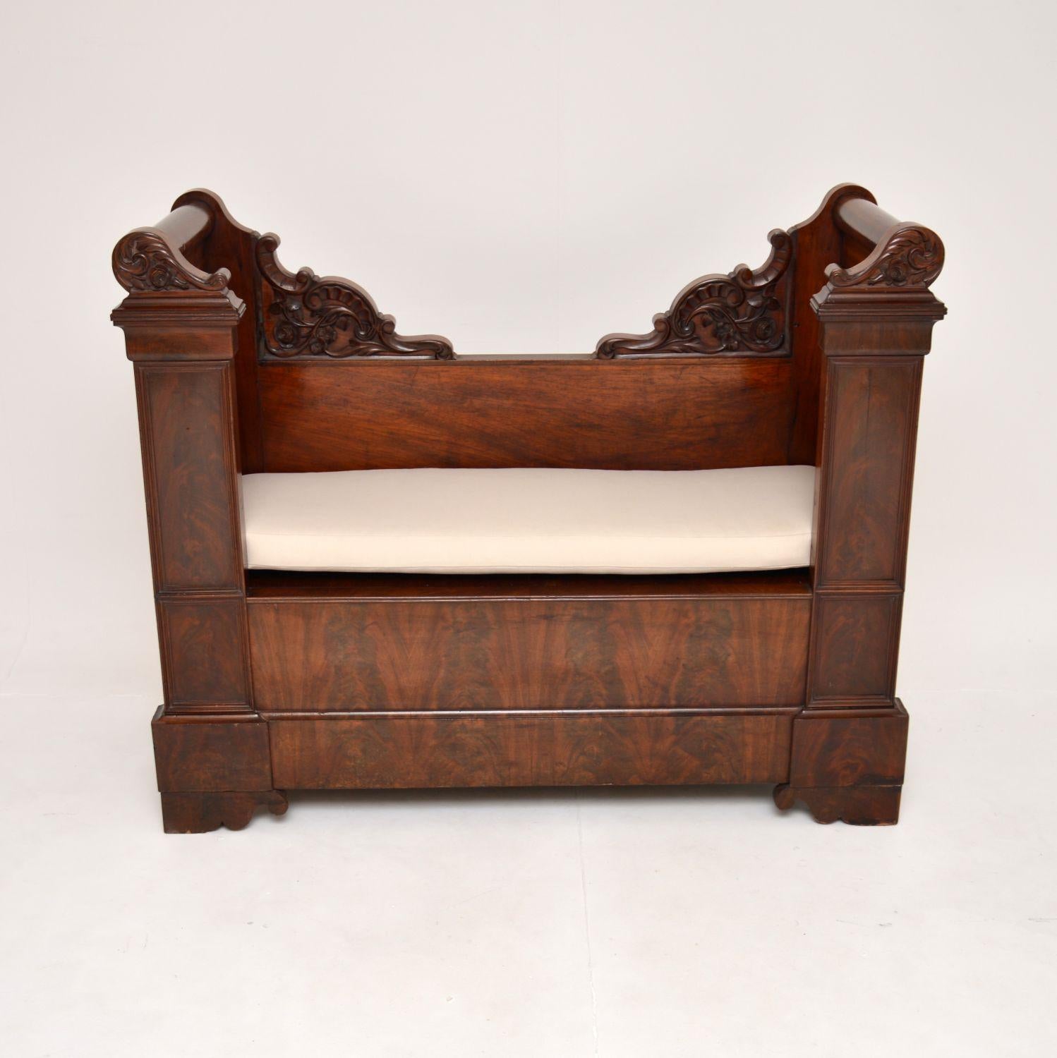 A very interesting and beautiful antique William IV period bench. This was made in continental Europe, possibly France, it dates from the 1830-1840’s.

The quality is superb, this is very well made with beautiful carving and flame grain patterns. It