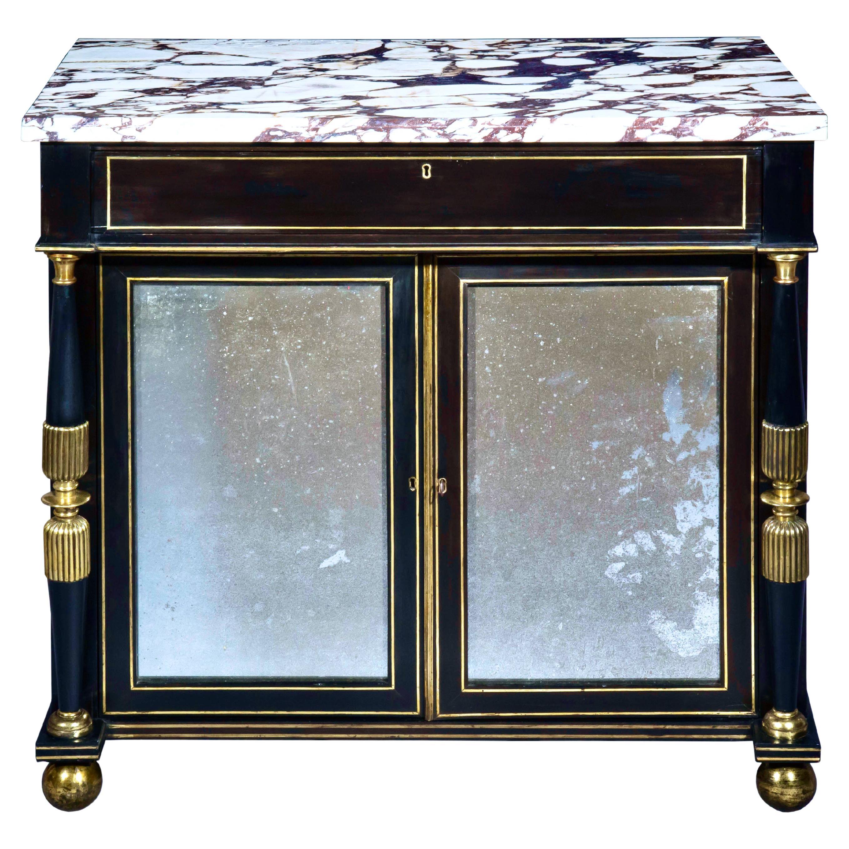 Antique Regency Black Lacquer Cabinet with Marble Top and Mirrored Doors For Sale