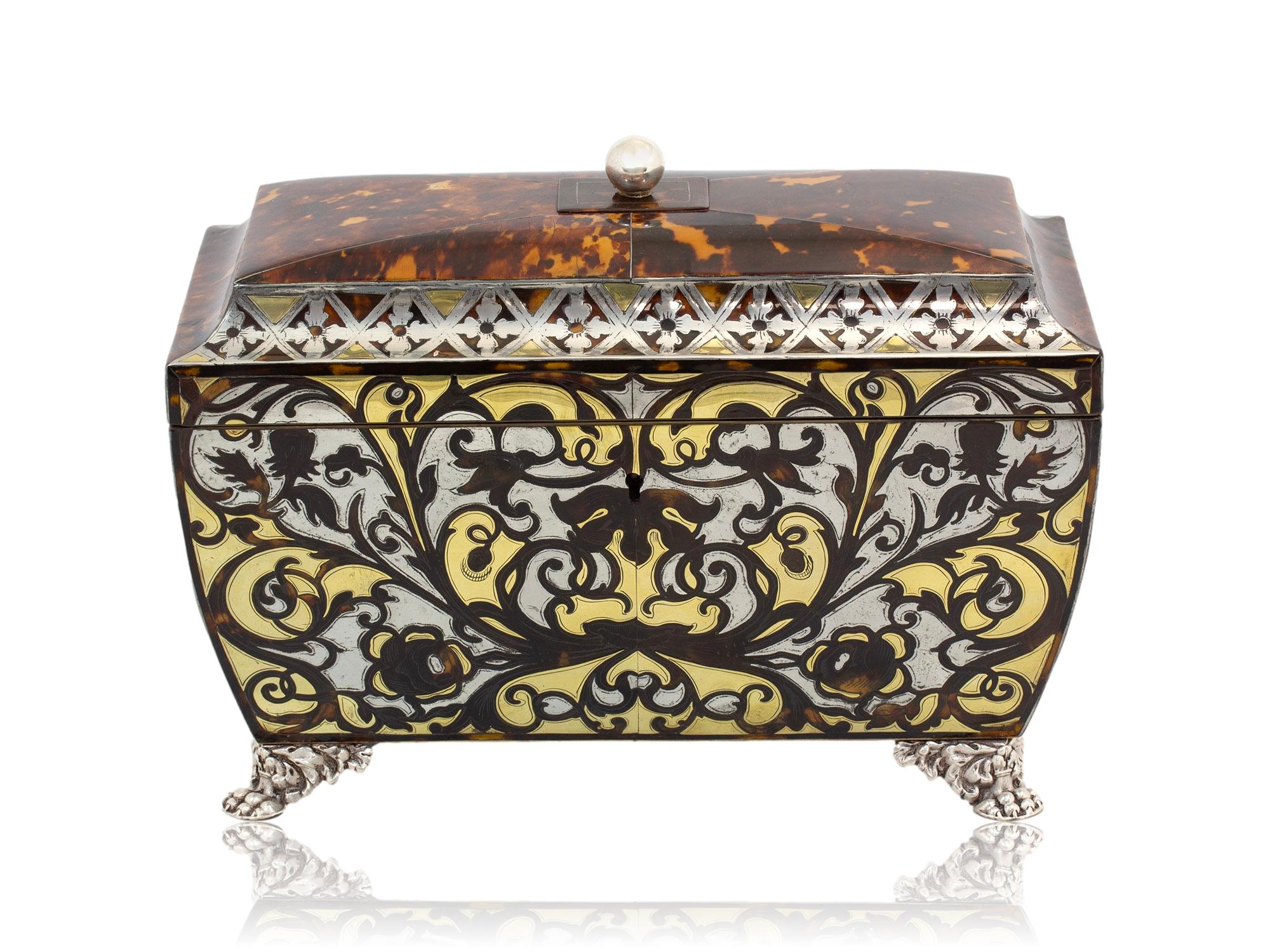 Antiguo Cofre de Té de carey Boulle de la Regencia Jorge IV en venta