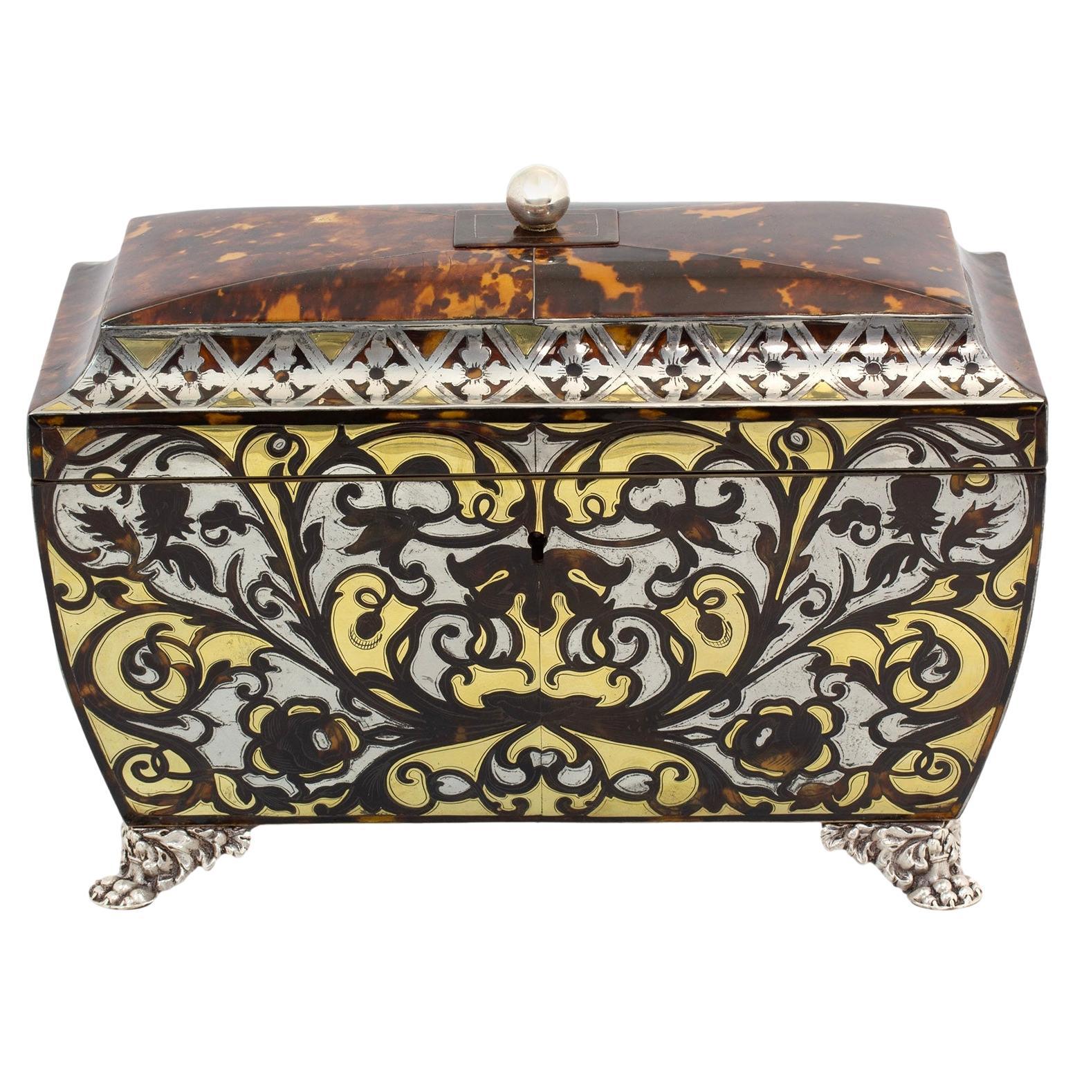 Antiguo Cofre de Té de carey Boulle de la Regencia