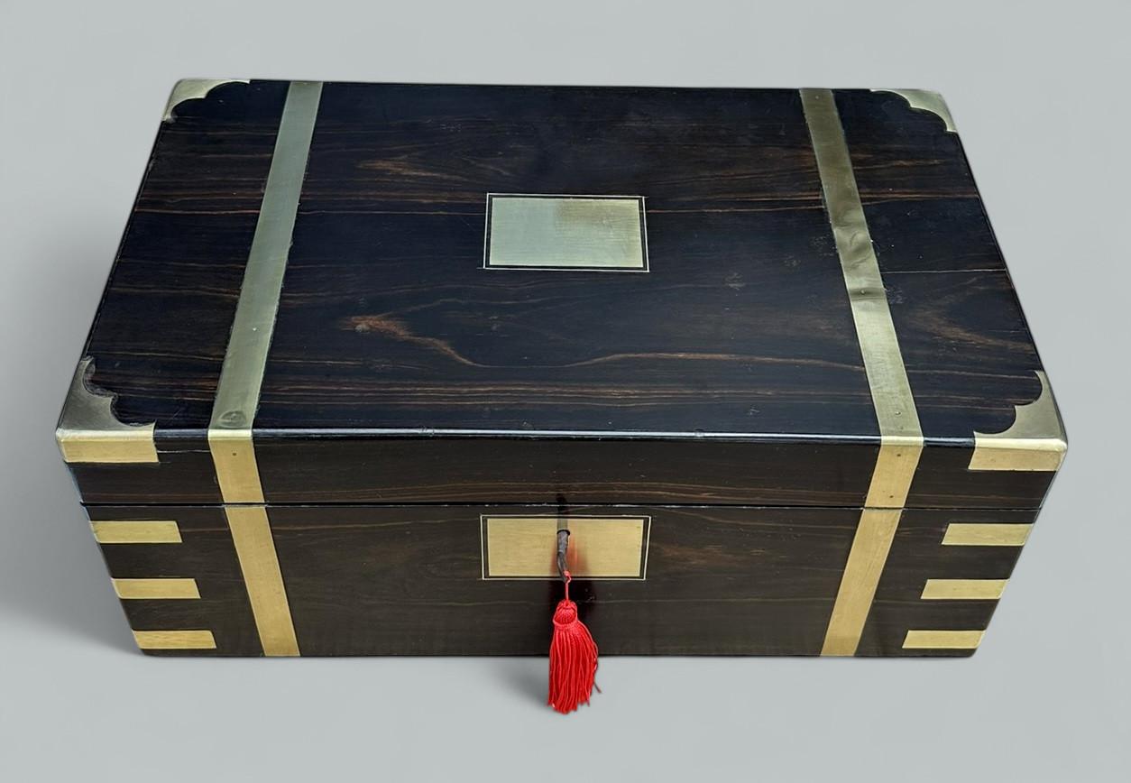 English Antique Regency Brass Bound Coromandel Traveling Desk Wooden Writing Slope Box For Sale