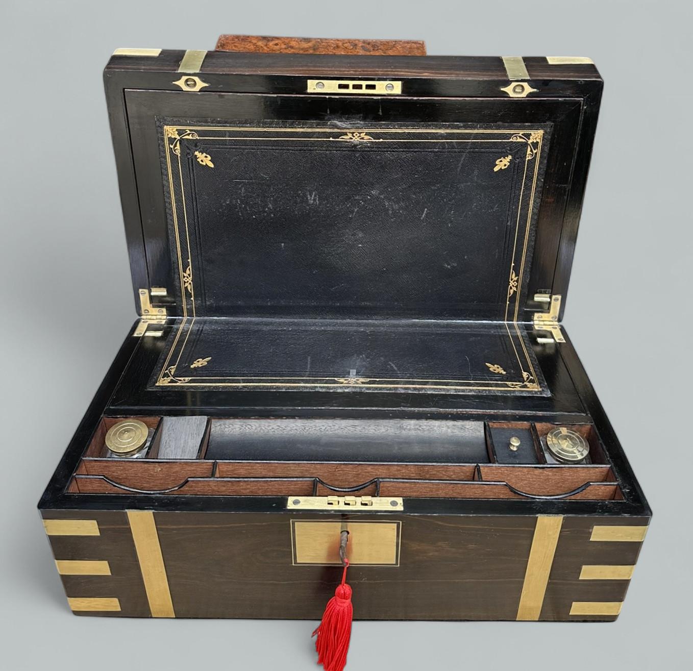 19th Century Antique Regency Brass Bound Coromandel Traveling Desk Wooden Writing Slope Box For Sale