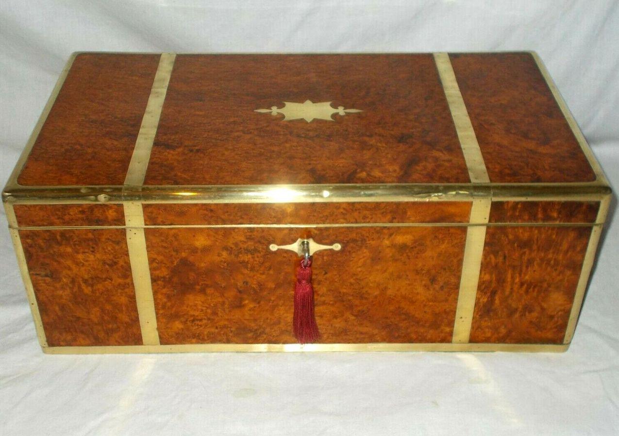 English Antique Regency Brass Burl Walnut Traveling Desk Wooden Writing Slope Box 19ct