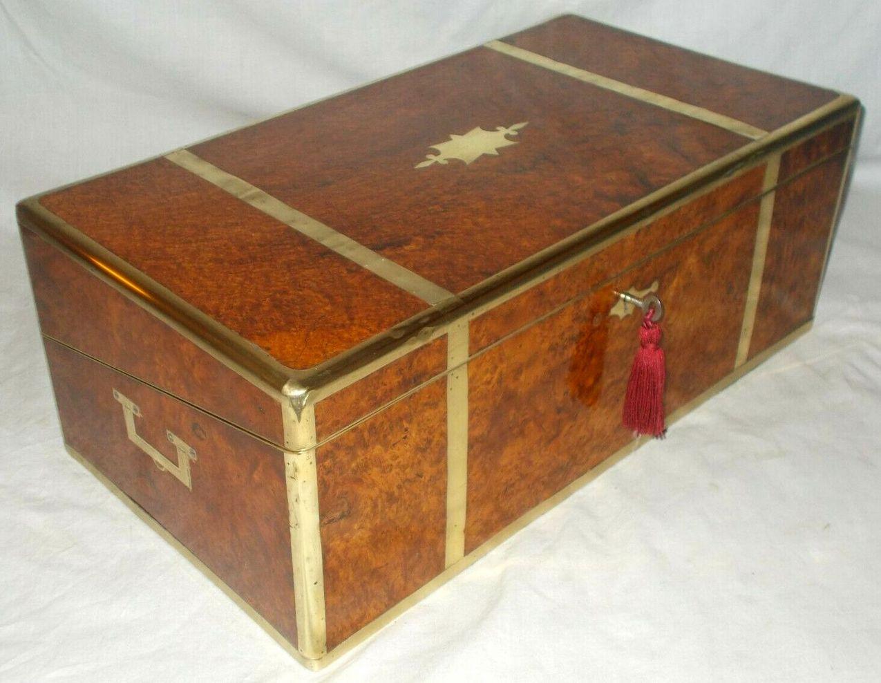 19th Century Antique Regency Brass Burl Walnut Traveling Desk Wooden Writing Slope Box 19ct