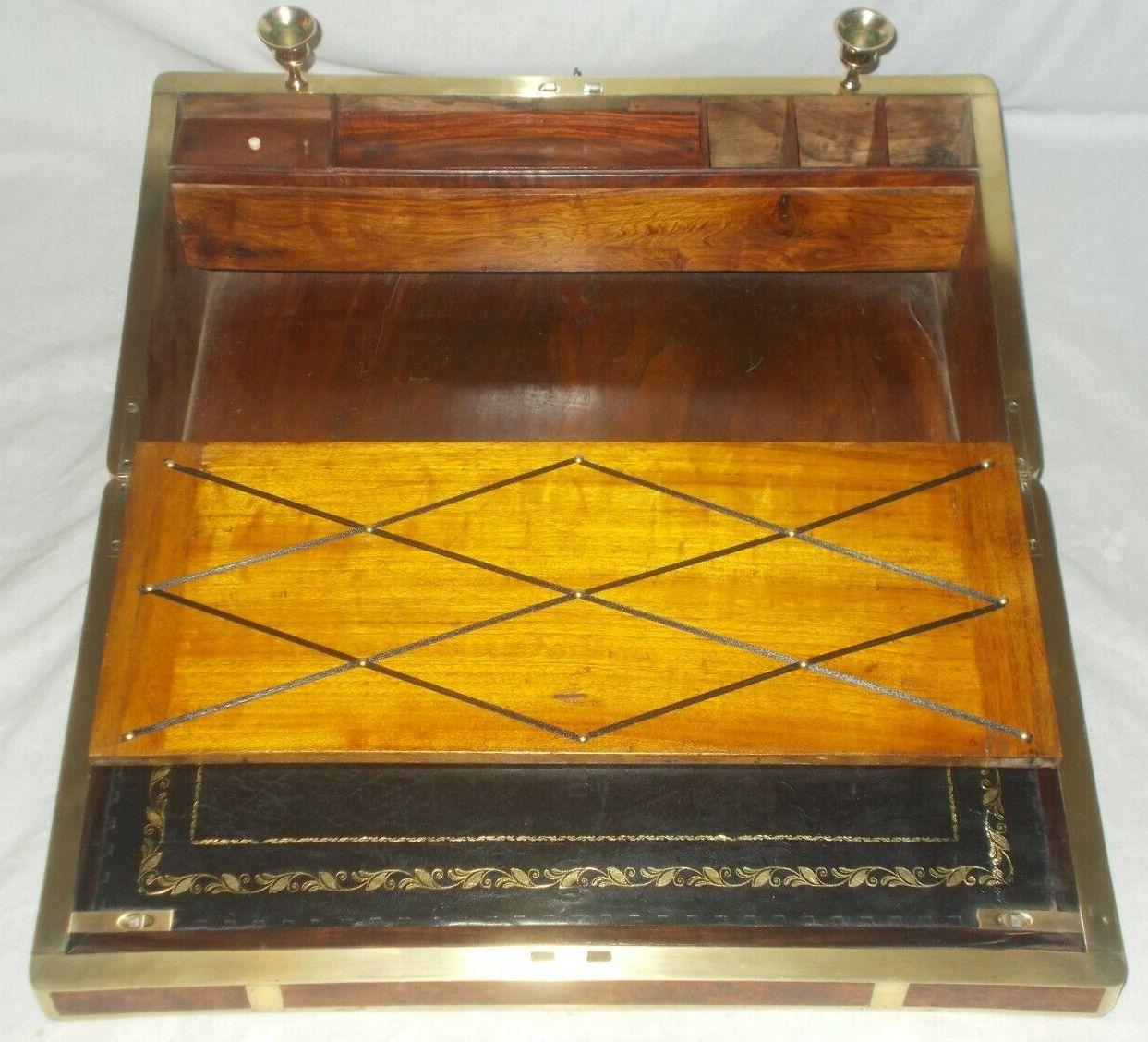 Antique Regency Brass Burl Walnut Traveling Desk Wooden Writing Slope Box 19ct 1