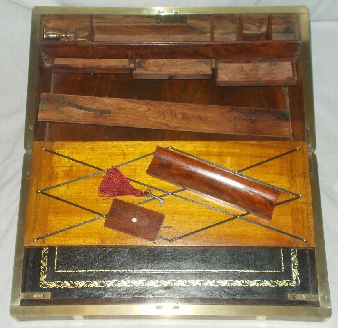 Antique Regency Brass Burl Walnut Traveling Desk Wooden Writing Slope Box 19ct 2