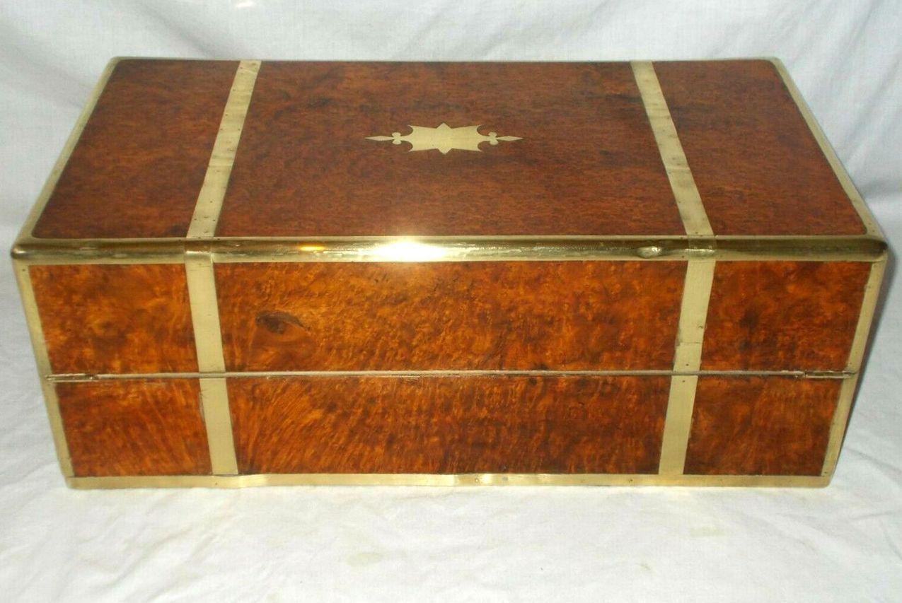 Antique Regency Brass Burl Walnut Traveling Desk Wooden Writing Slope Box 19ct 3