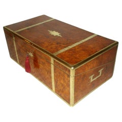 Antique Regency Brass Burl Walnut Traveling Desk Wooden Writing Slope Box 19ct