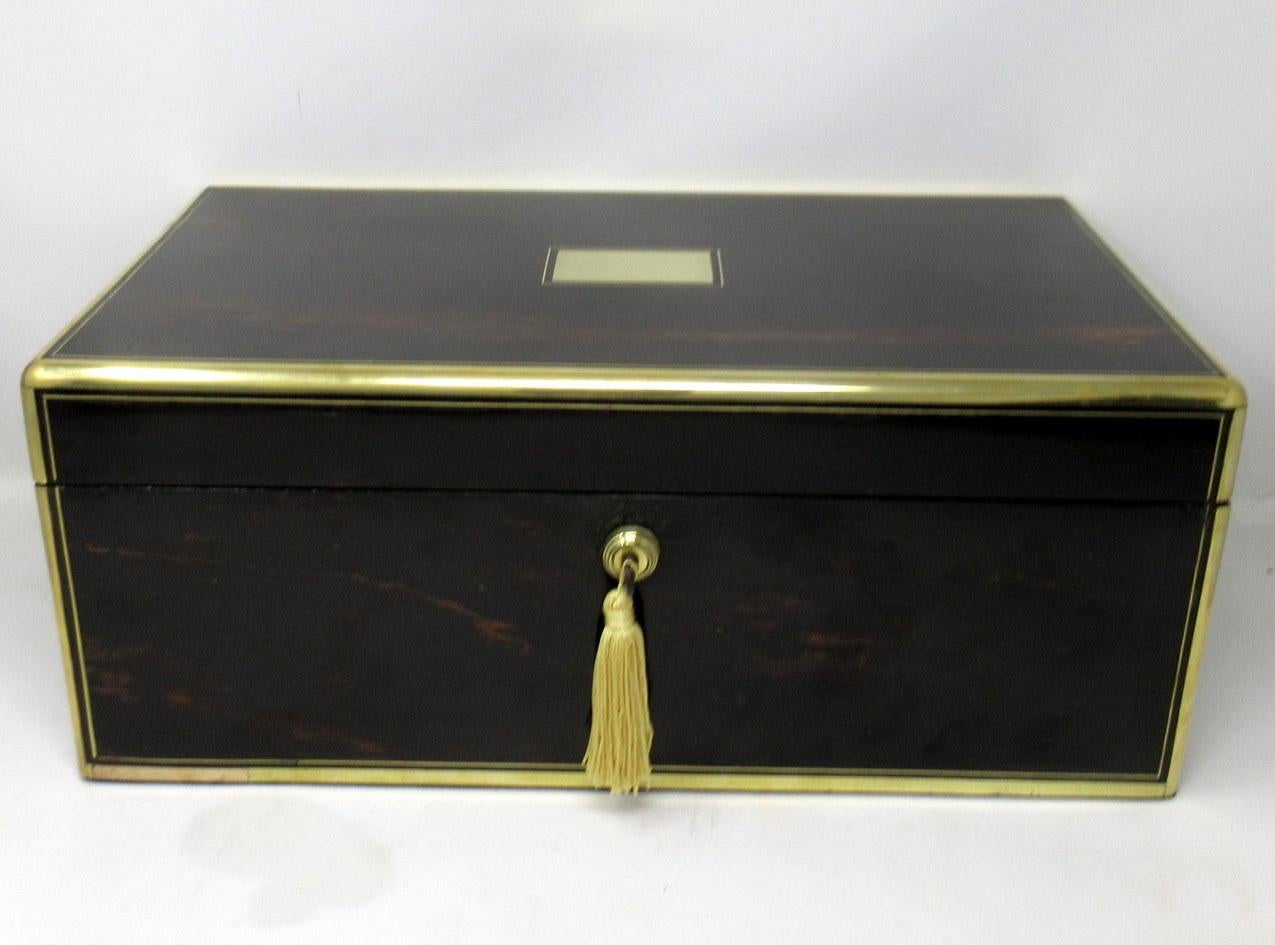 Victorian Antique Regency Brass Inlaid Coromandel Traveling Desk Wooden Writing Slope Box 