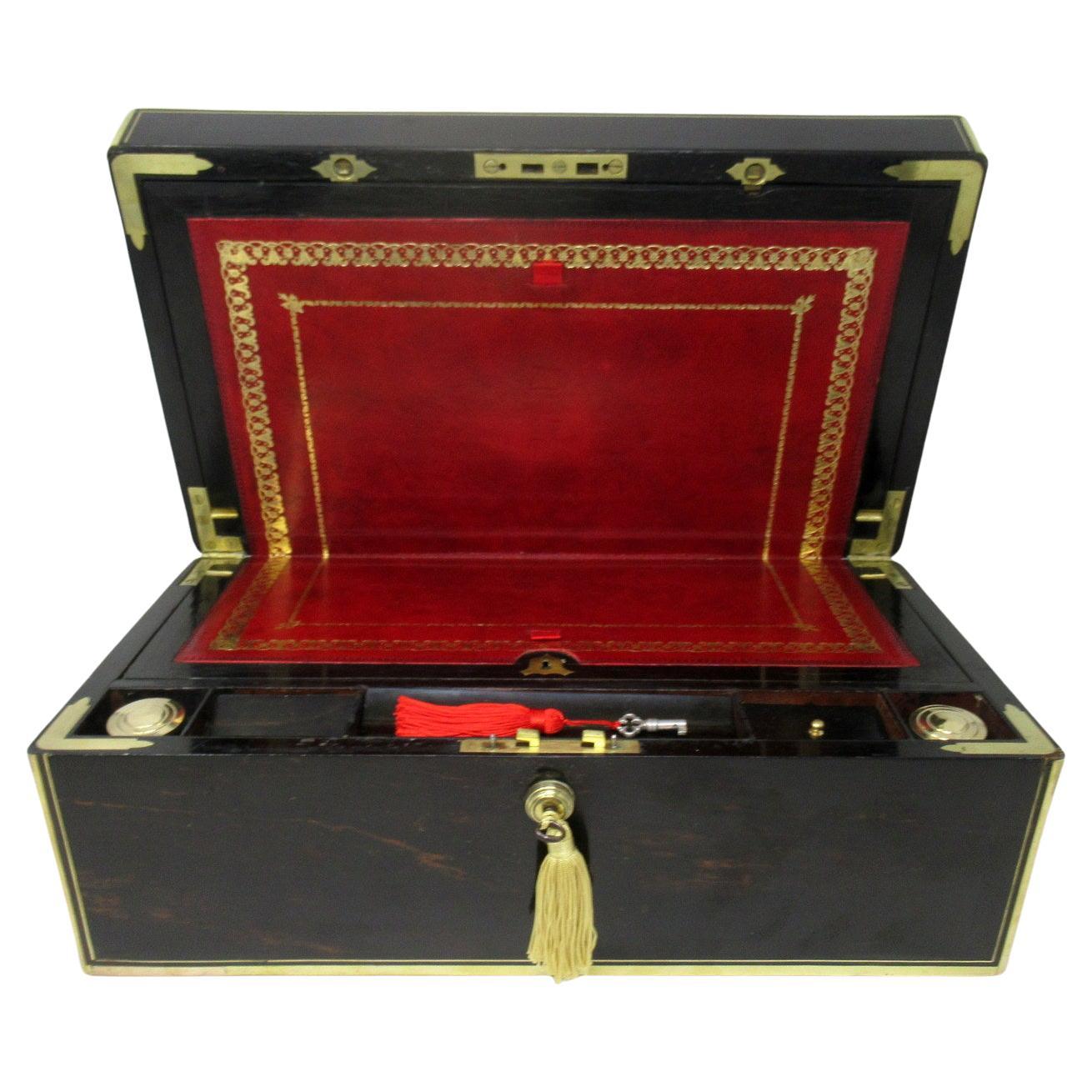Antique Regency Brass Inlaid Coromandel Traveling Desk Wooden Writing Slope Box 